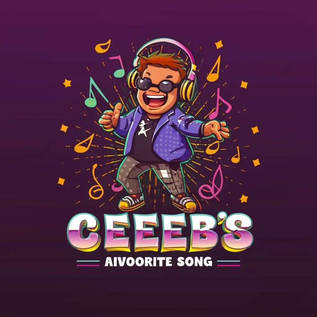 a logo design,with the text "Celeb's AIvorite Song", main symbol:A celebrity, star wearing headphones and listening to music, dancing, happy, carton funny, Moderate,be used in Entertainment industry, clear background