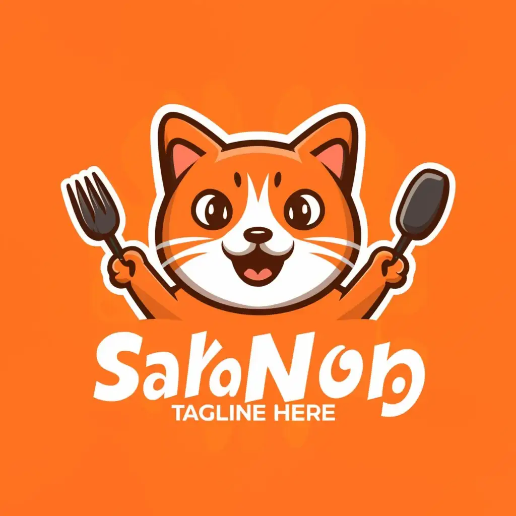 a logo design, with the text 'saba', main symbol: Logo Design For face of orange cat with fork and spoon same color in hands that look smile and fat in Vibrant Colors, Moderate, clear background