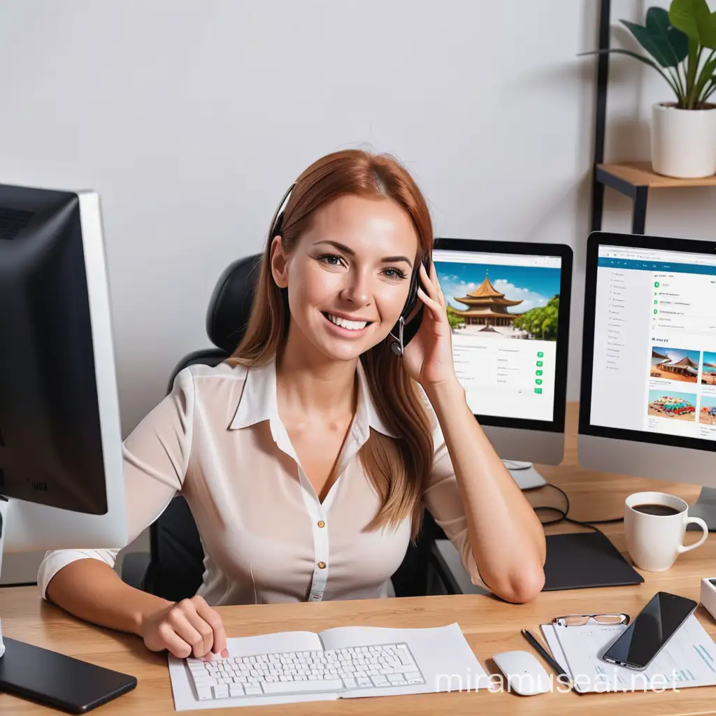 Create an image of travel agent working in their office, in their computer.consider using a split image. On one side, showcase a frustrated travel agent struggling and is upset with a complex booking system. On the other side, show a confident travel agent happy using the GDS to effortlessly make a reservation.