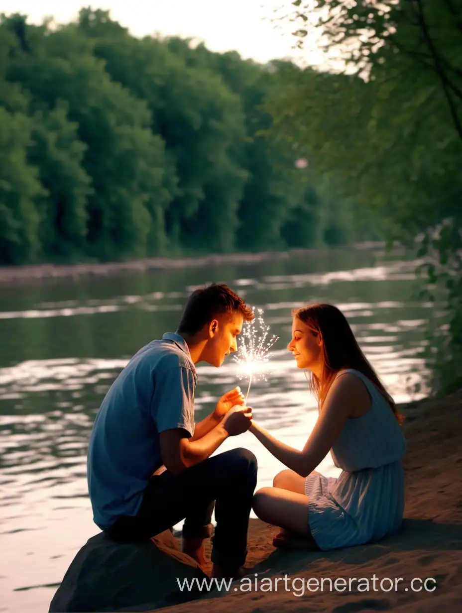 Человек сидит на берегу реки со своей девушкой и загадывает желание 
