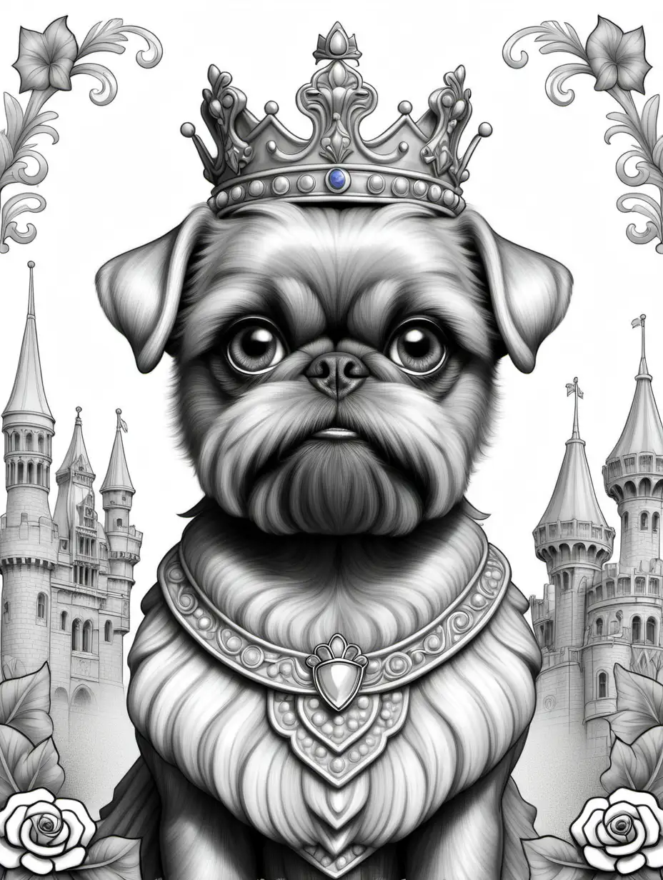 Detailed Adult Coloring Page Brussels Griffon Princess in Royal Dress