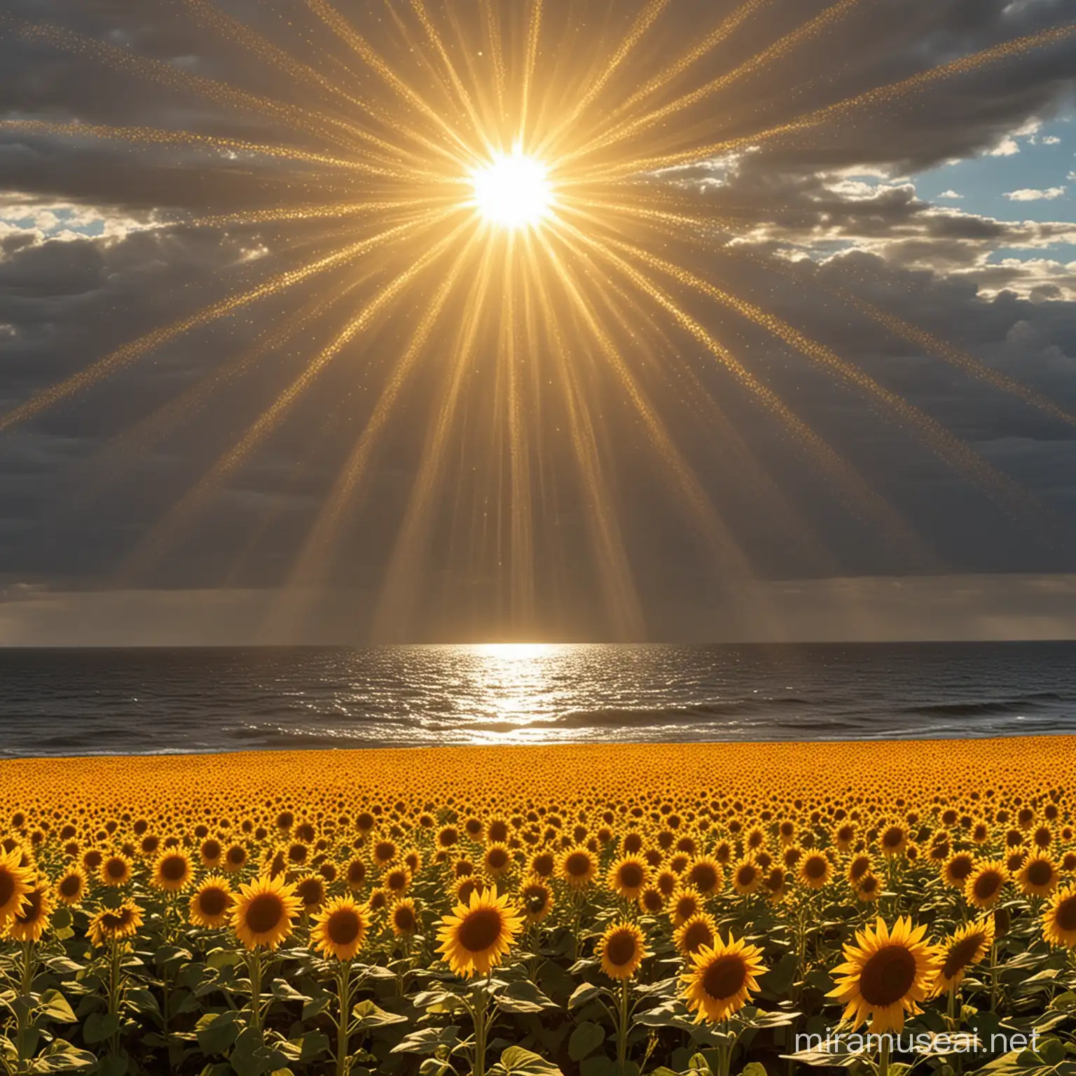 Golden Shower over Glittering Sea with Sunflower Sun