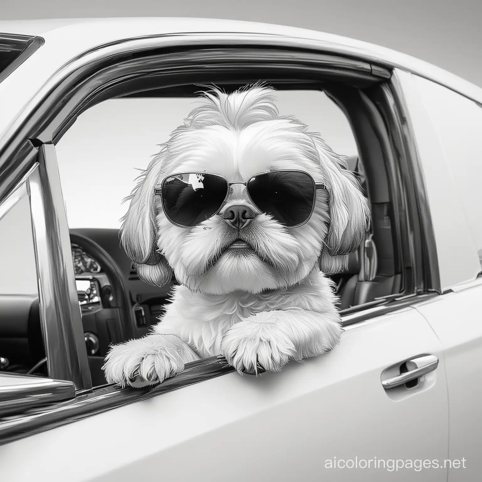 shih tzu with sunglasses in luxury car window, Coloring Page, black and white, line art, white background, Simplicity, Ample White Space. The background of the coloring page is plain white to make it easy for young children to color within the lines. The outlines of all the subjects are easy to distinguish, making it simple for kids to color without too much difficulty