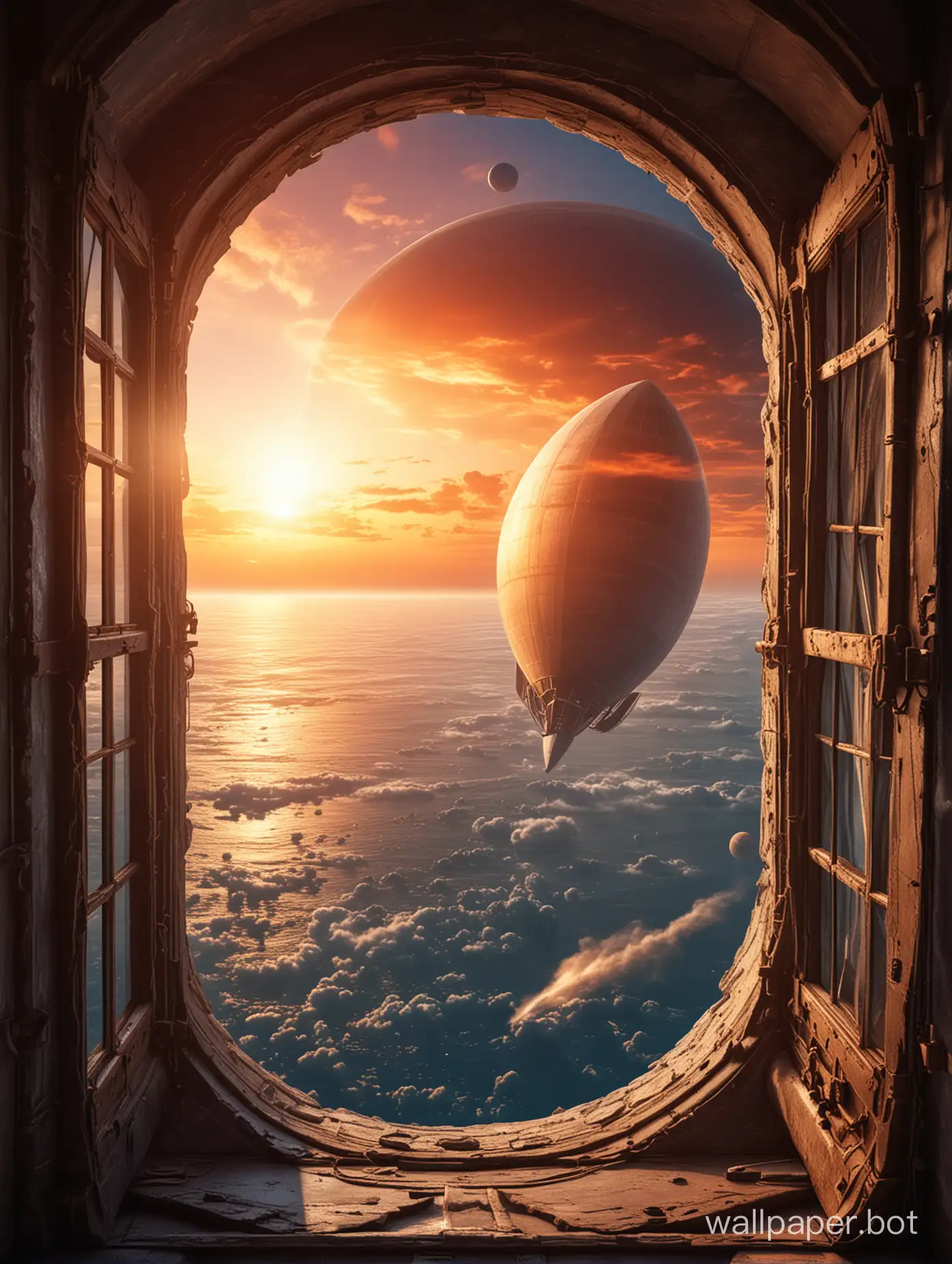 A narrow window into a fantastic space with a planet. fantastic tower against sunset background. There is an airship with sails in the sky. High resolution. Very definition.  sci-fi.