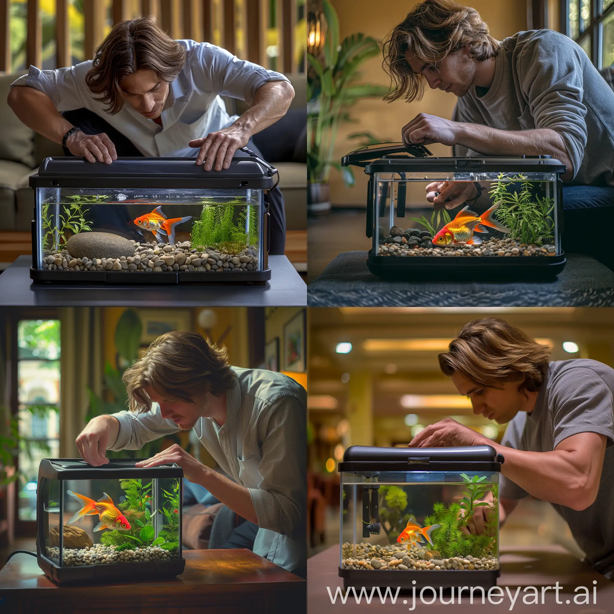 Imagine a scene in a spacious, well-lit room. At the center of the image, there is a man with medium-length hair and casual attire, diligently working on preparing a small portable fish tank. The fish, a vibrant orange goldfish, swims contentedly in the tank, surrounded by aquatic plants and pebbles. The man's hands carefully position the tank's lid, ensuring a secure closure for their trip to the park. Serene atmosphere, concentration on the task, attention to detail, comfortable setting, preparing for a journey, Canon 5D Mark IV, 24-70mm lens, f2.8