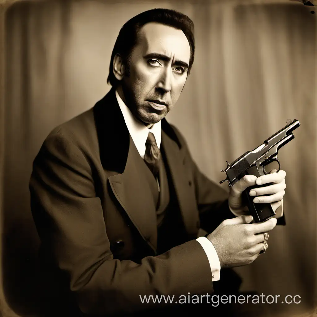 Nicolas cage, portrait, 1920, photography, sepia, private eye, colt 1911 in hand