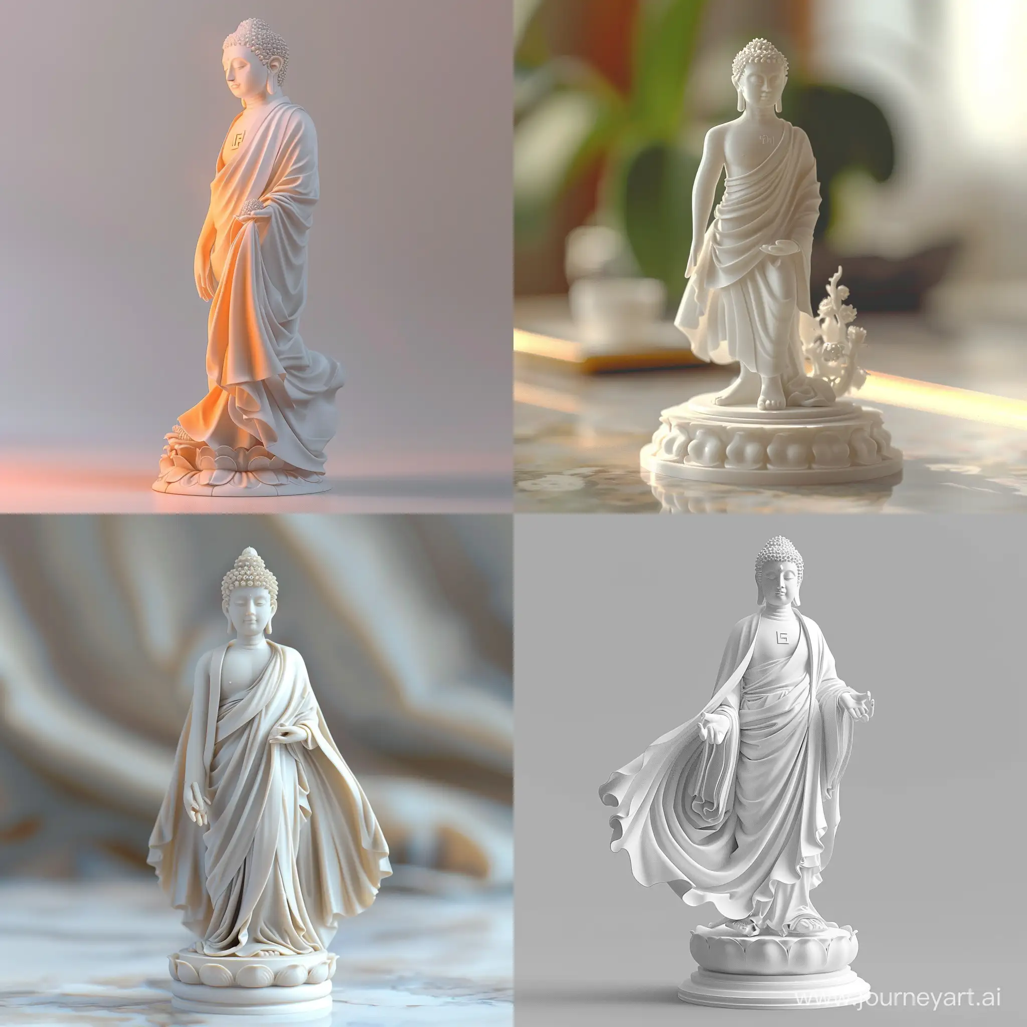 this figurine of Buddha is made from white 3D printed material, in the style of ethereal abstraction, luxurious drapery, translucent immersion, porcelain, Vray, Burne-Jones, miniature illumination, in flat style, high-quality vector style --v 6 --ar 1:1 --no 6582