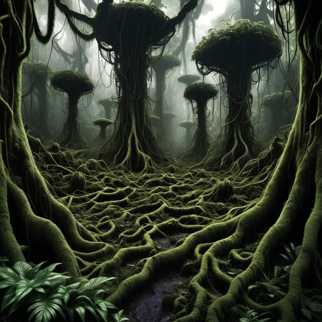 Being hunted deep in an extremely dense and dark rainforest with warped bionic trees not from this planet, some with vines that resemble cables and various plants of different species and sizes around them. Ground is covered with thick roots that is partially mossy.