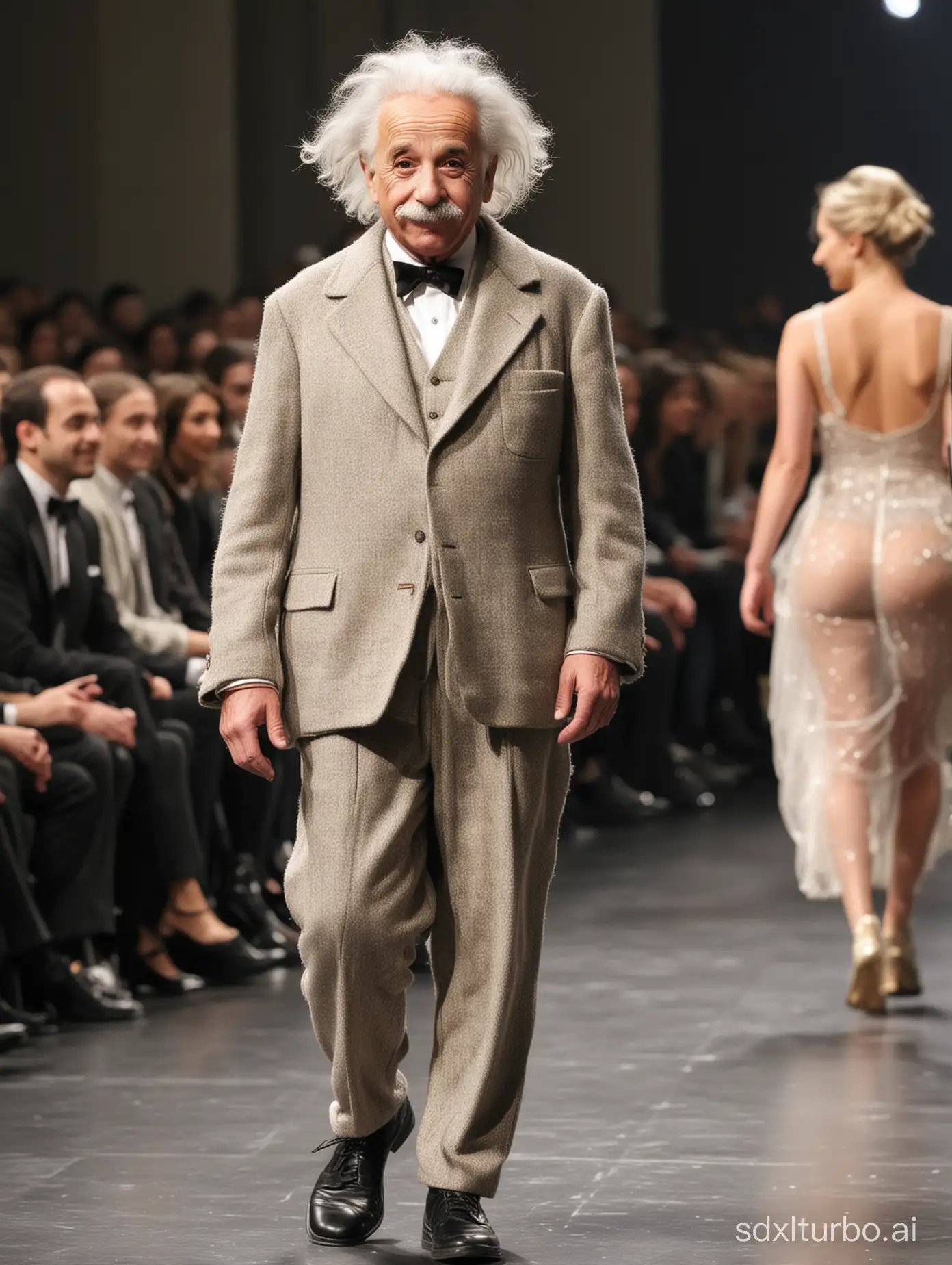 Albert Einstein walks the runway, ultra delicate Einstein, real Einstein, (smile), (full body image), (audience on both sides), Paris collection runway, (eccentric fashion), outrageous fashion, flashy fashion, Paris collection