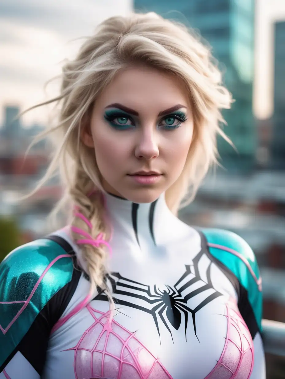 Beautiful Nordic woman, very attractive face, detailed eyes, big breasts, dark eye shadow, messy blonde hair, wearing a white pink and teal skintight spider mutant cosplay costume, close up, bokeh background, soft light on face, rim lighting, facing away from camera, looking back over her shoulder, standing in front of the city, photorealistic, very high detail, extra wide photo, full body photo, aerial photo