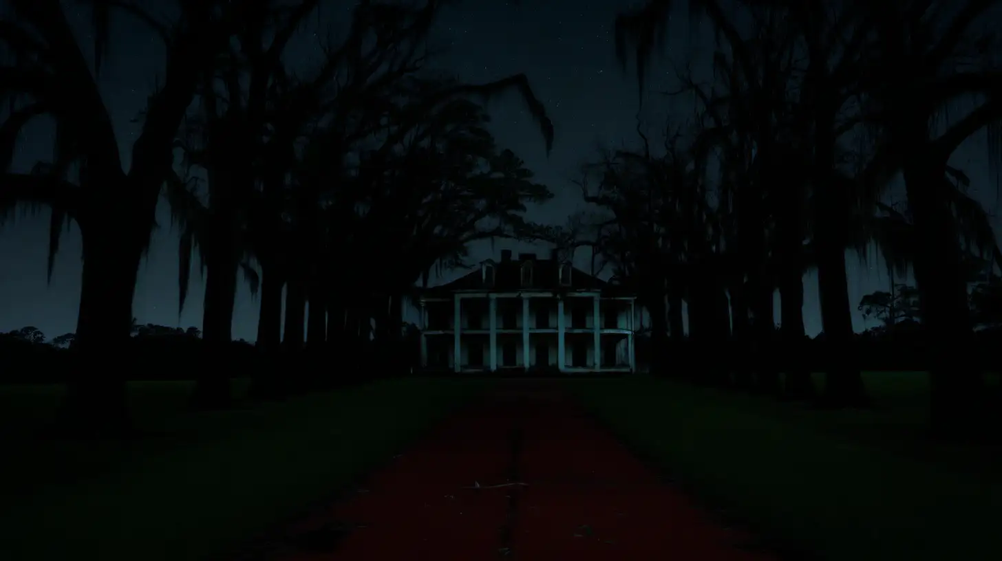 a creepy, rundown Louisiana Plantation at night with a long driveway. 