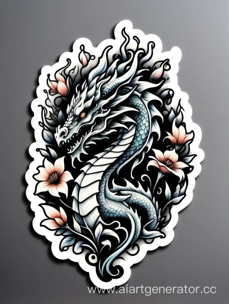 
a dragon, delicate flower fluid, high contrast, street art style,sticker, white background
