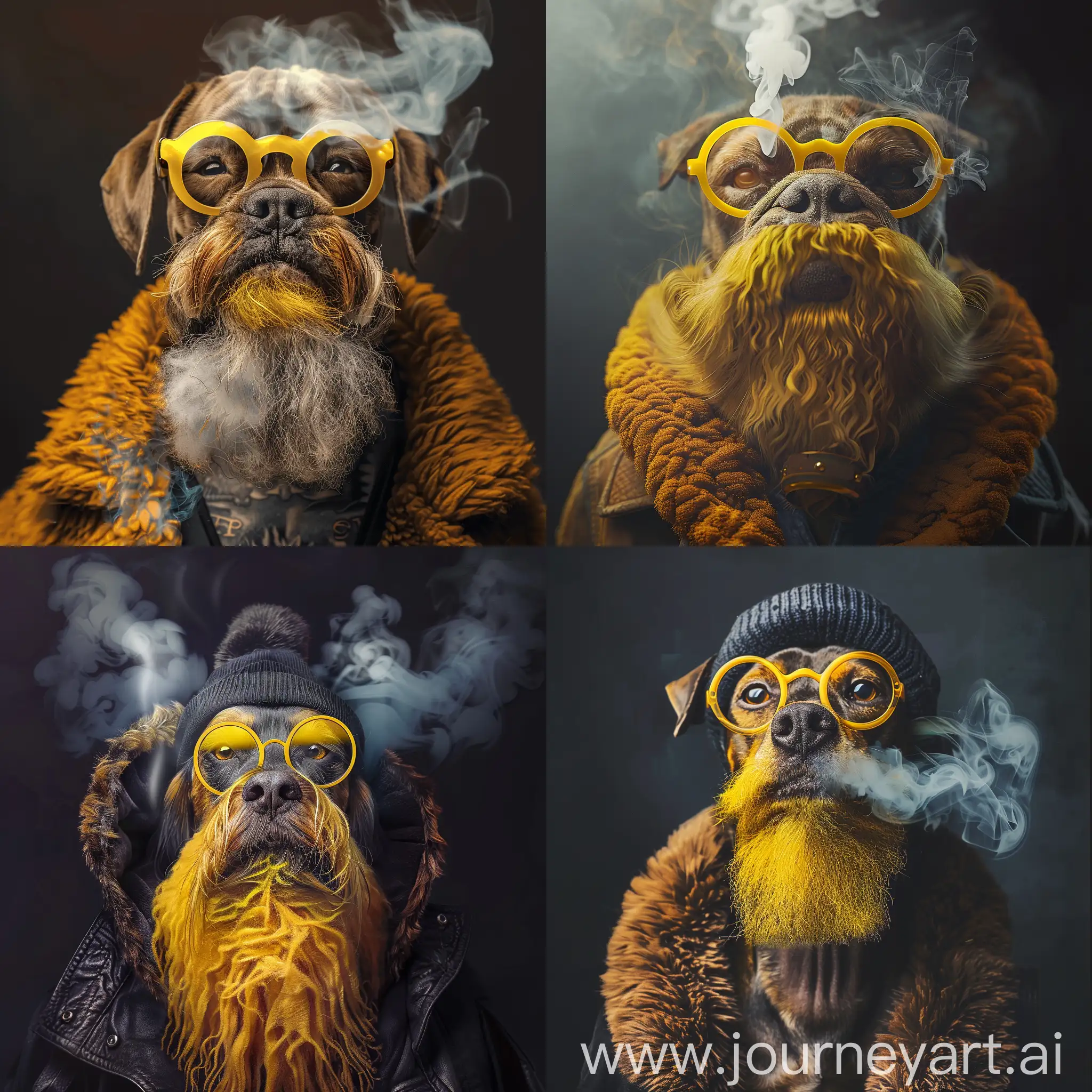 71 / 5,000 Translation results Translation result A dog with a yellow beard, yellow smokey glasses and long wool, very heavy phase and gangster