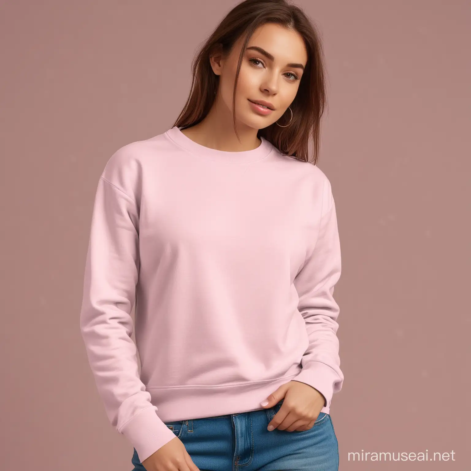 Gildan 18000 mockup in light pink with a blank sweatshirt, female model, no hands,