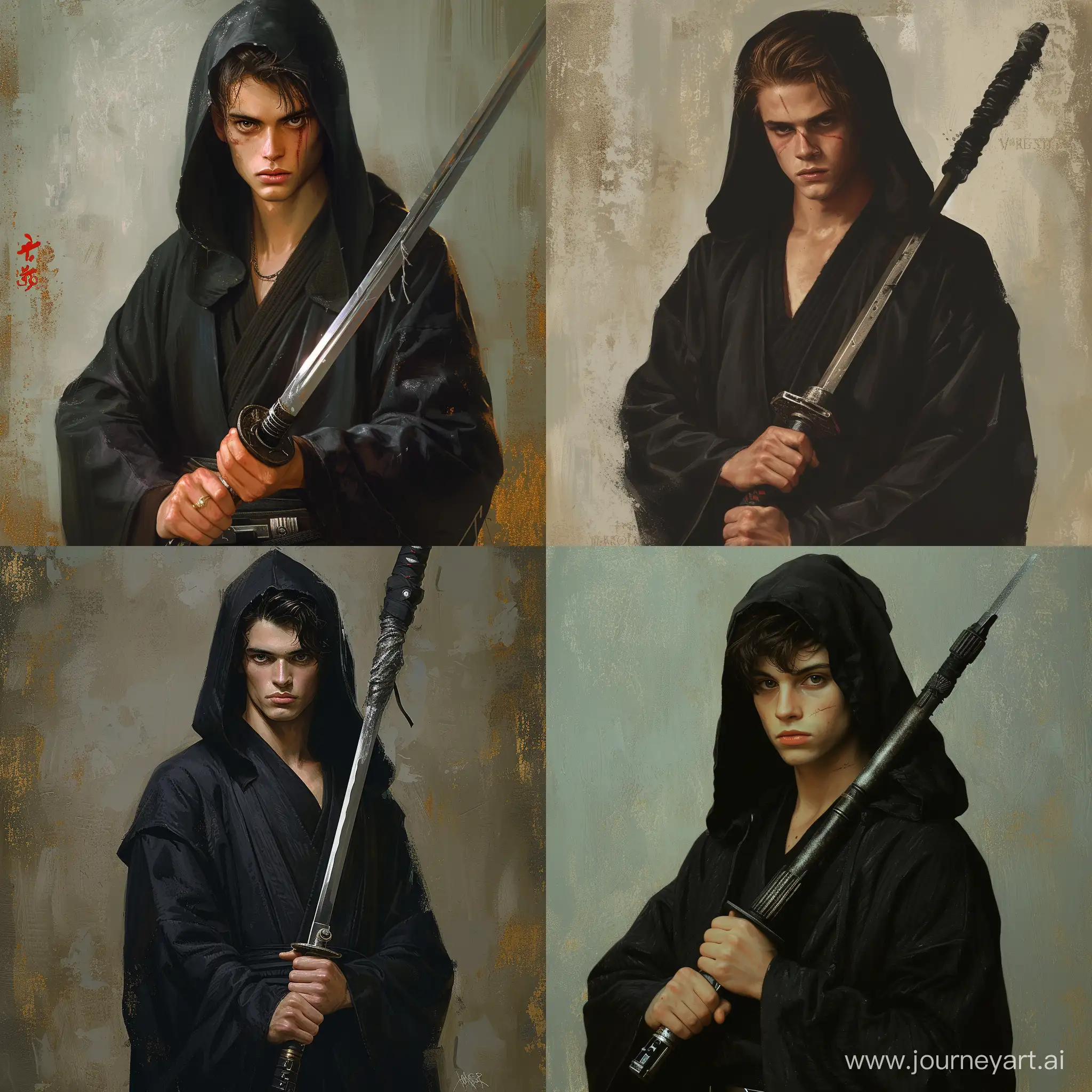 vagabond inspired young male holding a metal katana, in black kimono, in the hood, star wars art, sci fi