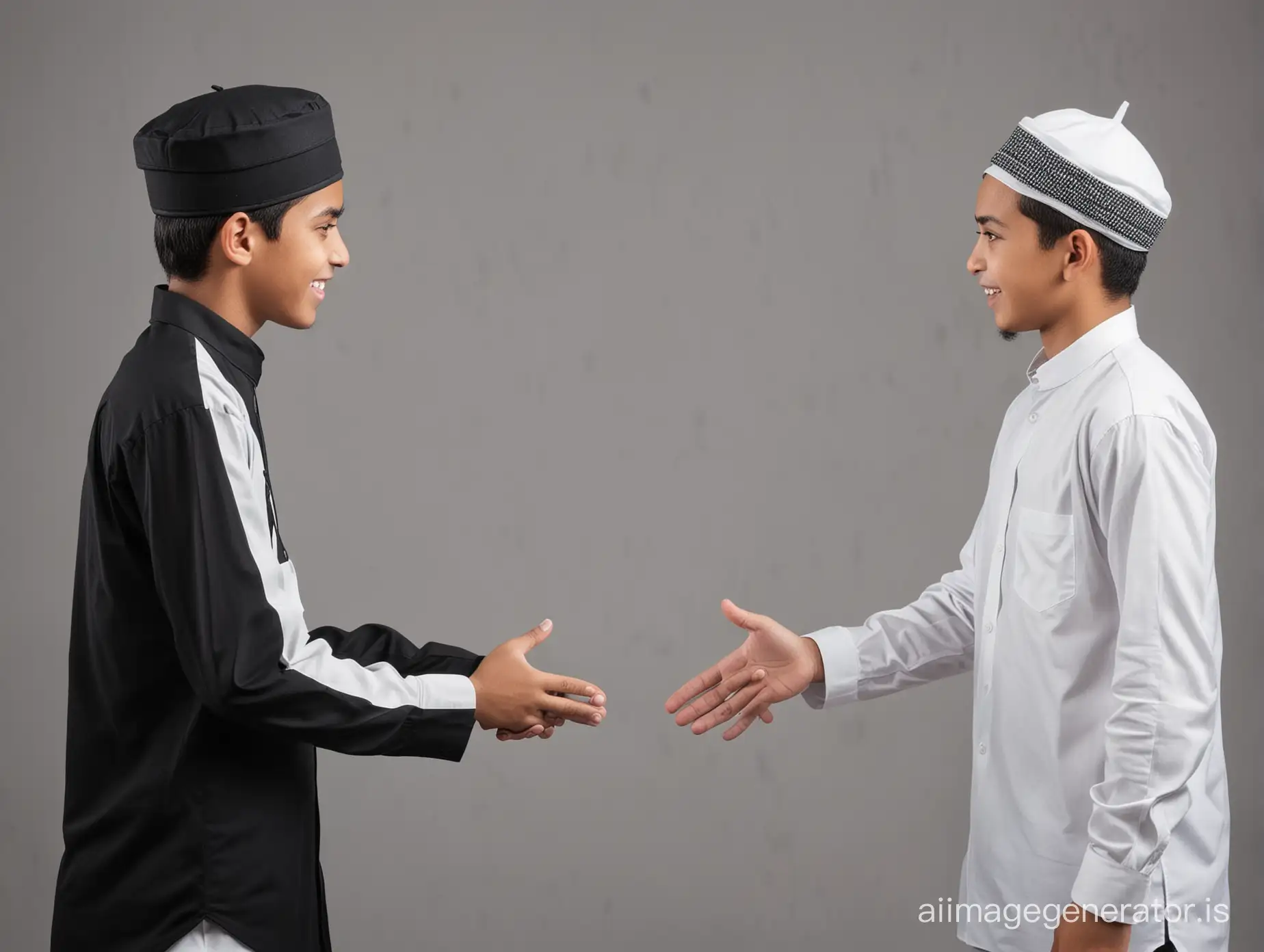 Two Muslim teenagers boys wearing black and white caps shook hands with each other as a sign of forgiving each other.