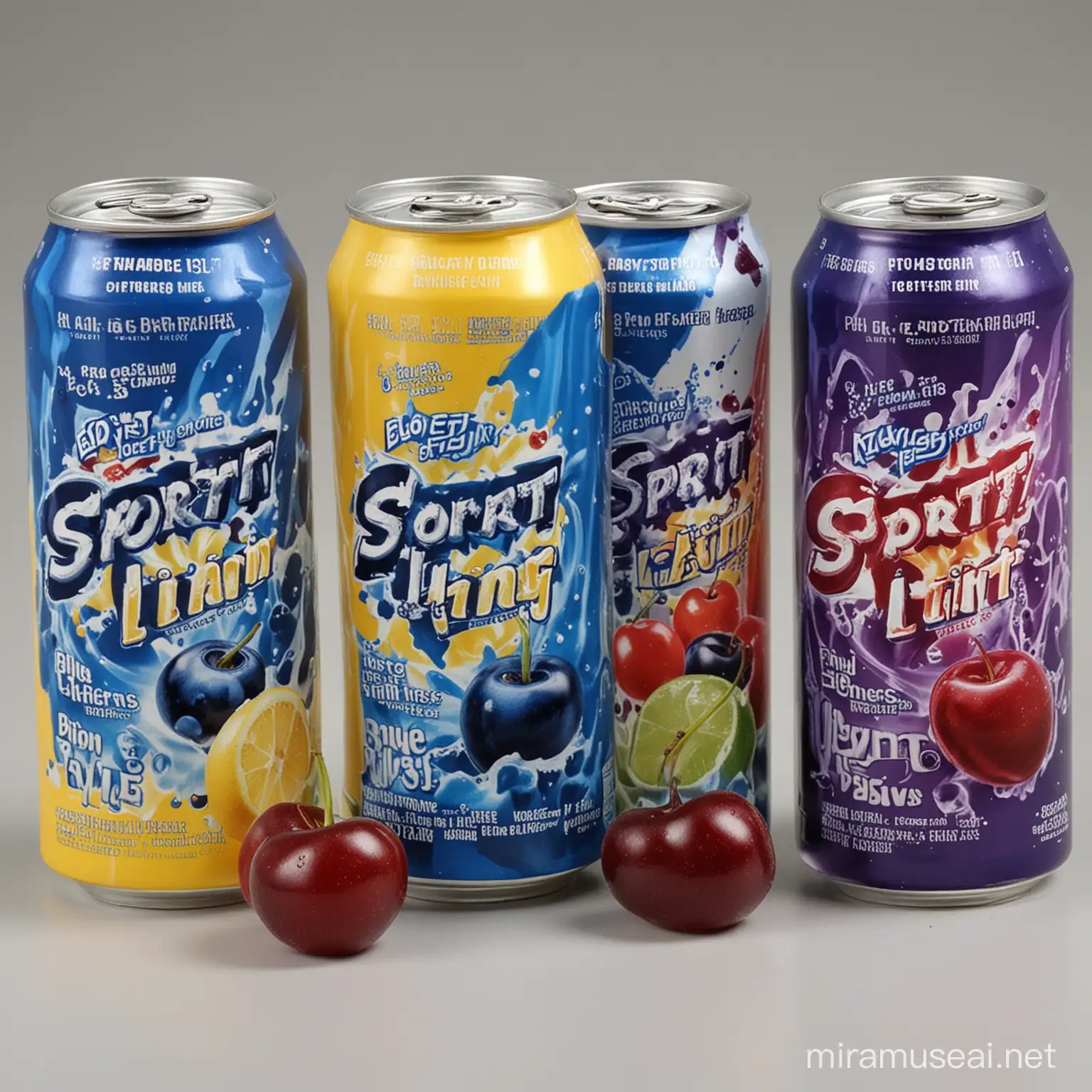 I am advertising a drink named 'SportFit'. There are three flavors, first one names 'Blue Lightning' which is blueberries flavor. The second one names 'Blast' which is lemon flavor. The third one names 'Glacier Blitz' which is cherries flavor, but the color of this one is white. Please generate four pictures for commercials, one for each flavor, and one for all of them together.