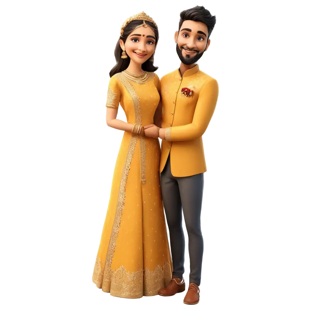 Vibrant-Haldi-Caricature-Bride-and-Groom-Standing-in-Captivating-PNG-Art