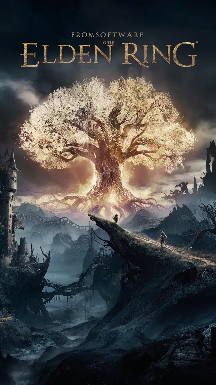 Le paysage de necrolimbe du jeu Elden ring de from software avec l'arbre-monde brillant en arrière plan