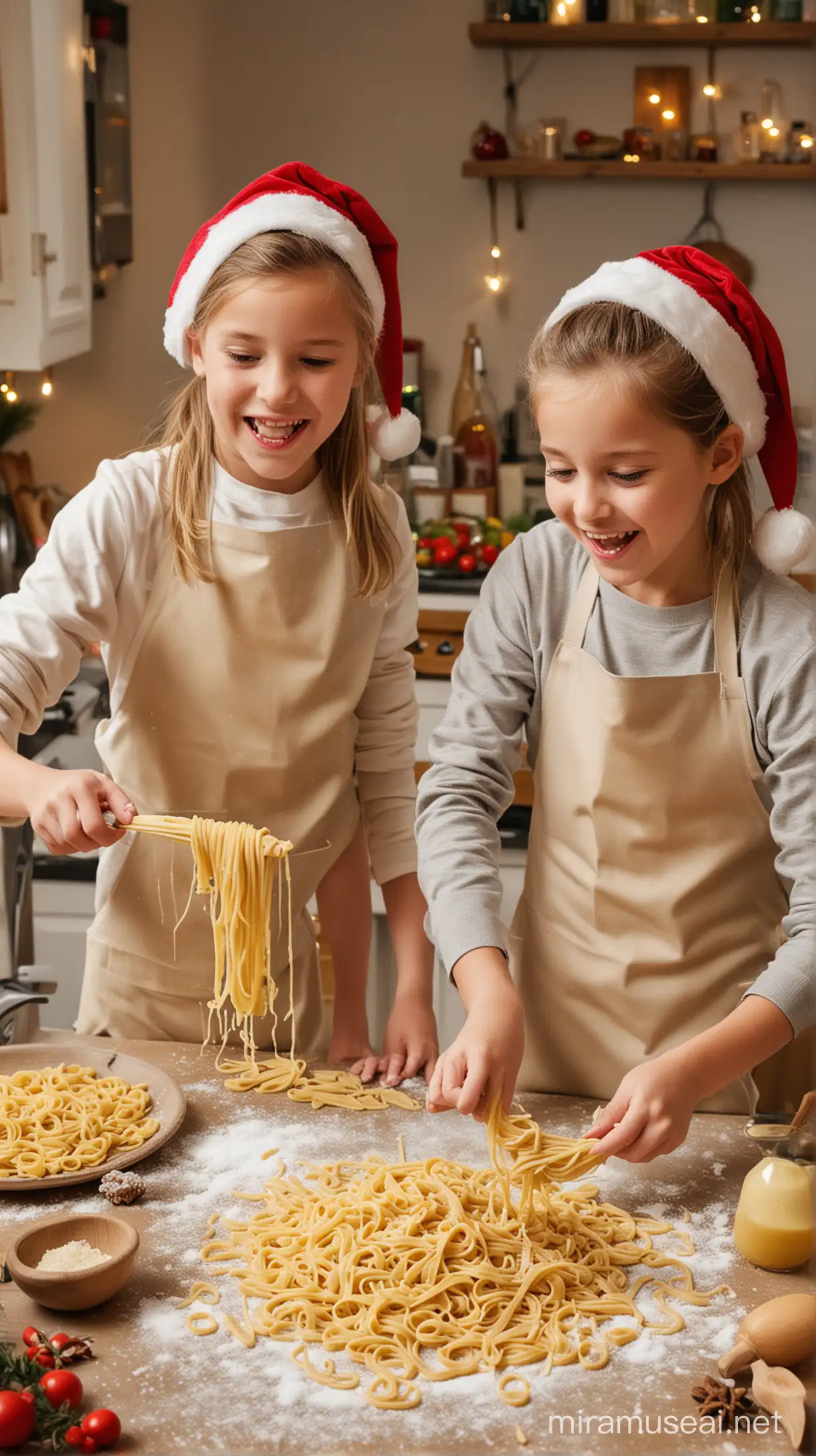 christmas scene. 2 children cooking pasta. fun.