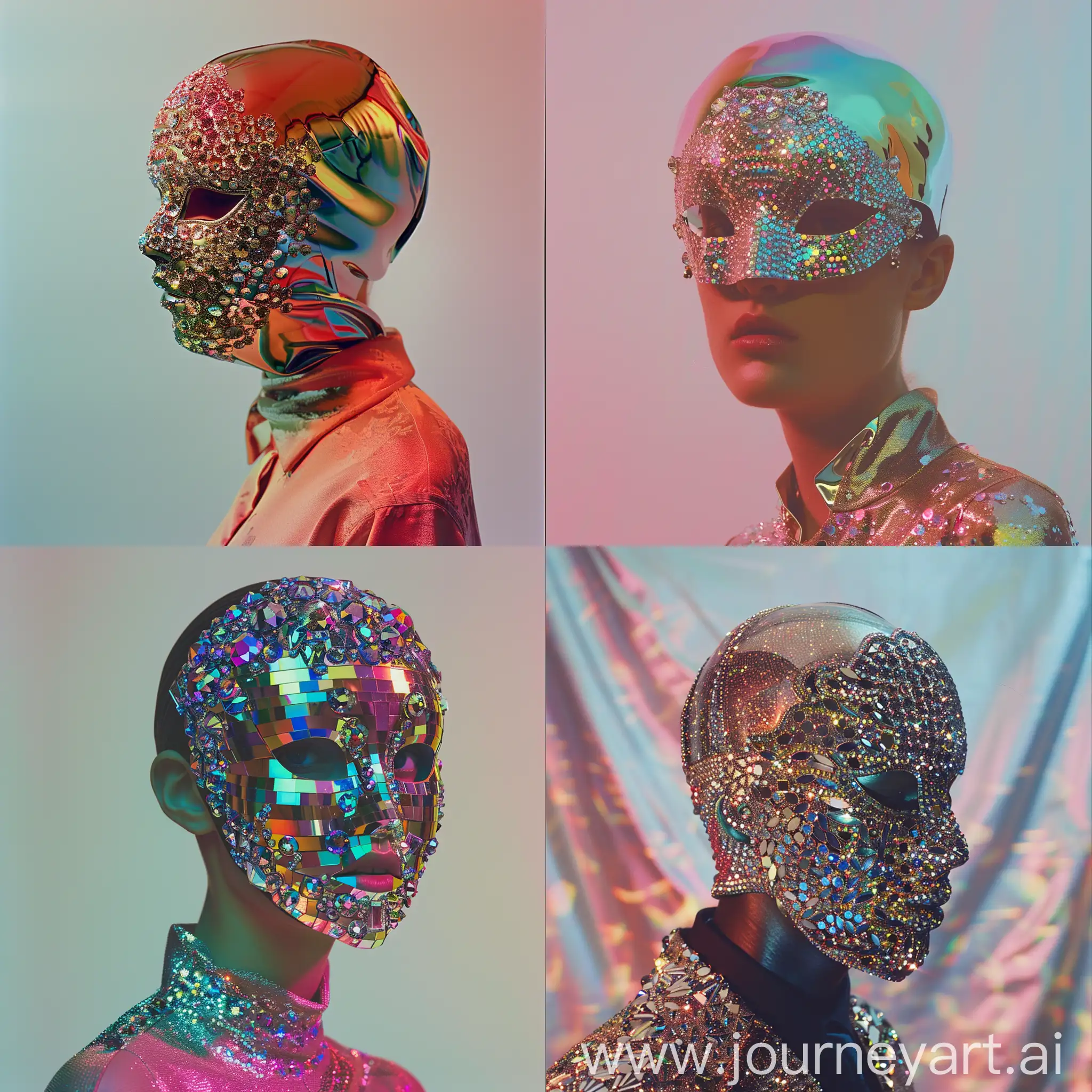 Человек в маске из хрусталя сваровски,однотонный ровный фон, Кодак, реалистично, модно, вызывающе разноцветные блики цветное фото