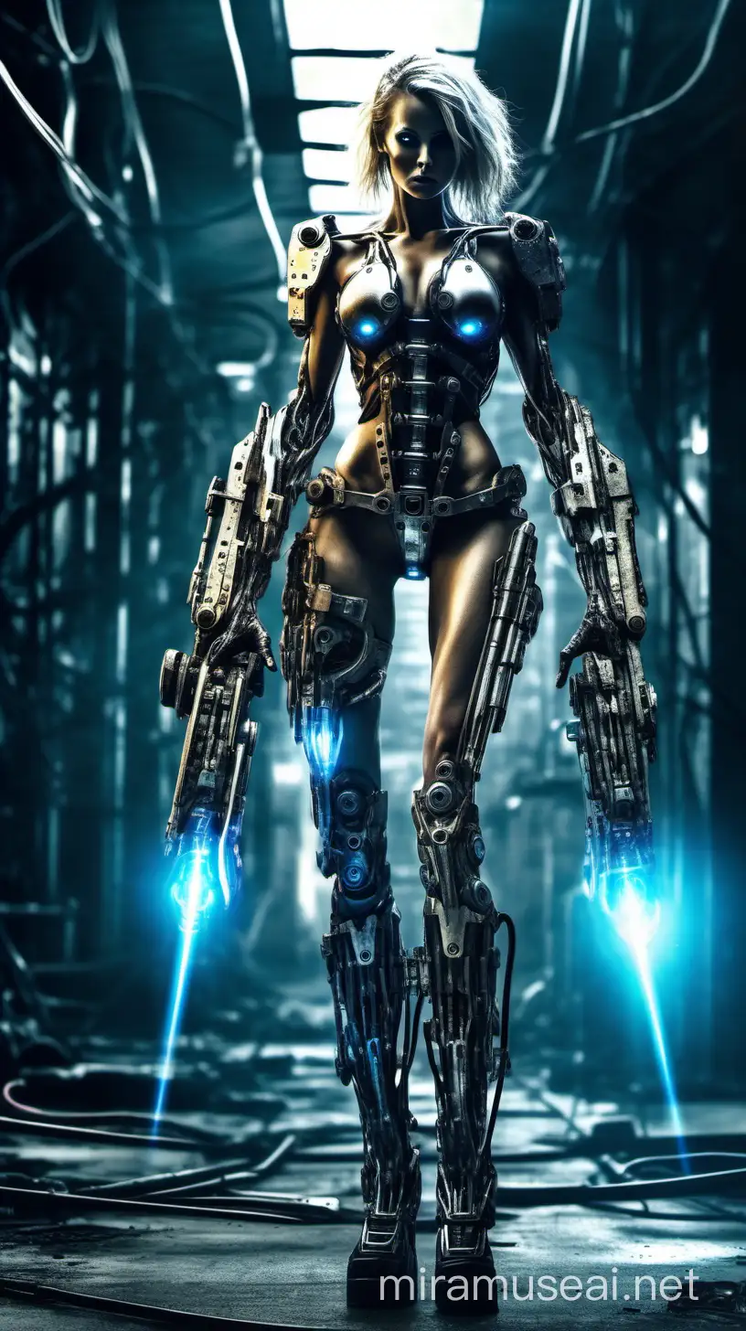A cybernetically enhanced cyborg woman with large metallic breasts, with glowing blue LED eyes and sharp metallic claws, holding a plasma rifle. Surrounded by detailed gore and exposed wires, full body shot, dramatic lighting, high contrast, gritty industrial setting, cinematic quality, ultra HD.