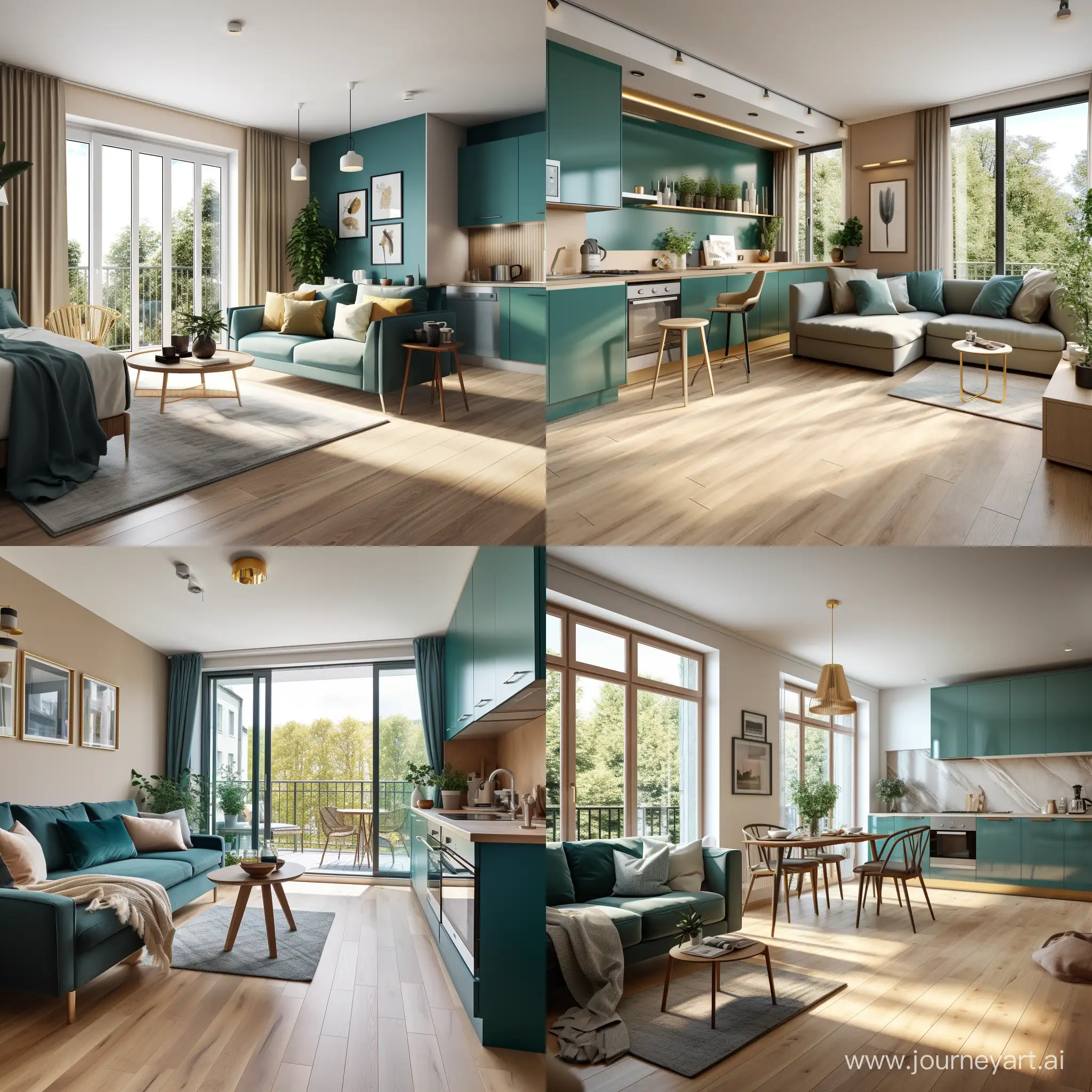 monolocale  moderno con finestra sulla terrazza che affacia sul verde, divano e cucina colore ottanio beige e parquet chiaro