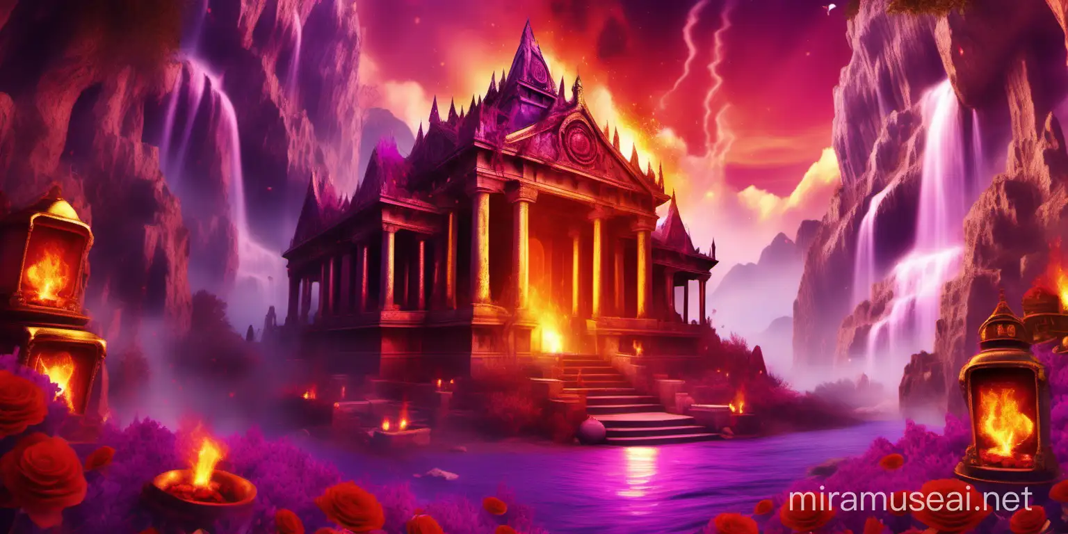Enchanted Haunted Temple with Purple Waterfall and Zombie on Fire