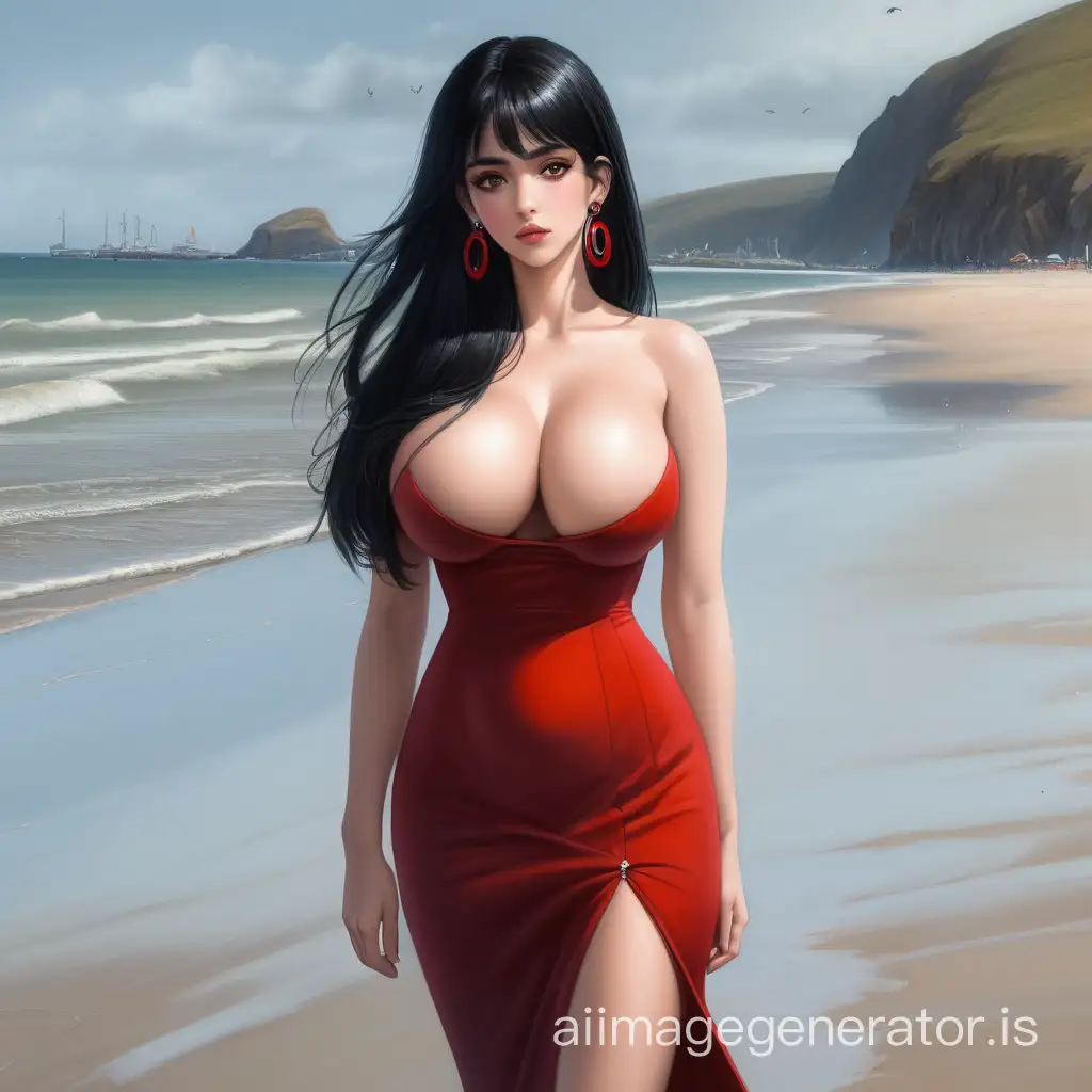 British-Girl-with-Dark-Hair-and-Red-Dress-on-Beach