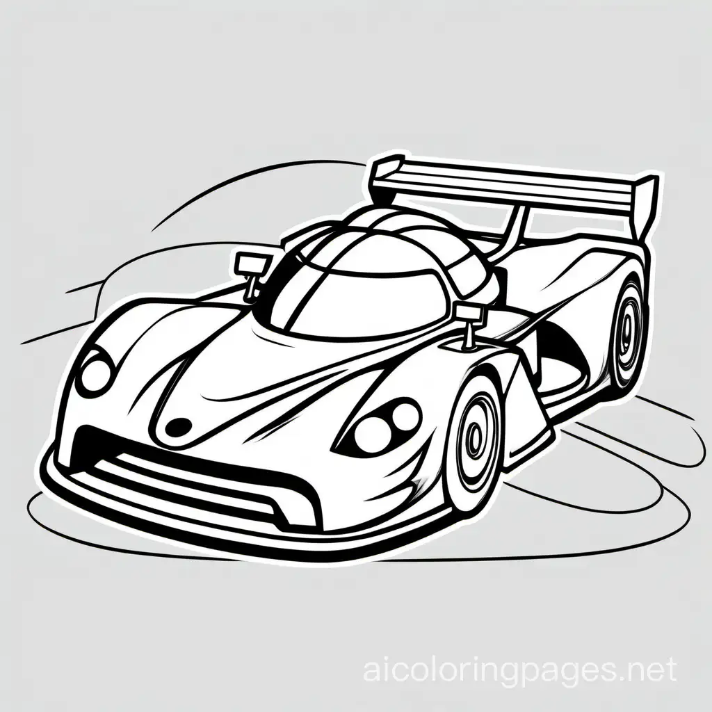 a smiling race car with a happy expression, Coloring Page, black and white, line art, white background, Simplicity, Ample White Space. The background of the coloring page is plain white to make it easy for young children to color within the lines. The outlines of all the subjects are easy to distinguish, making it simple for kids to color without too much difficulty, Coloring Page, black and white, line art, white background, Simplicity, Ample White Space. The background of the coloring page is plain white to make it easy for young children to color within the lines. The outlines of all the subjects are easy to distinguish, making it simple for kids to color without too much difficulty