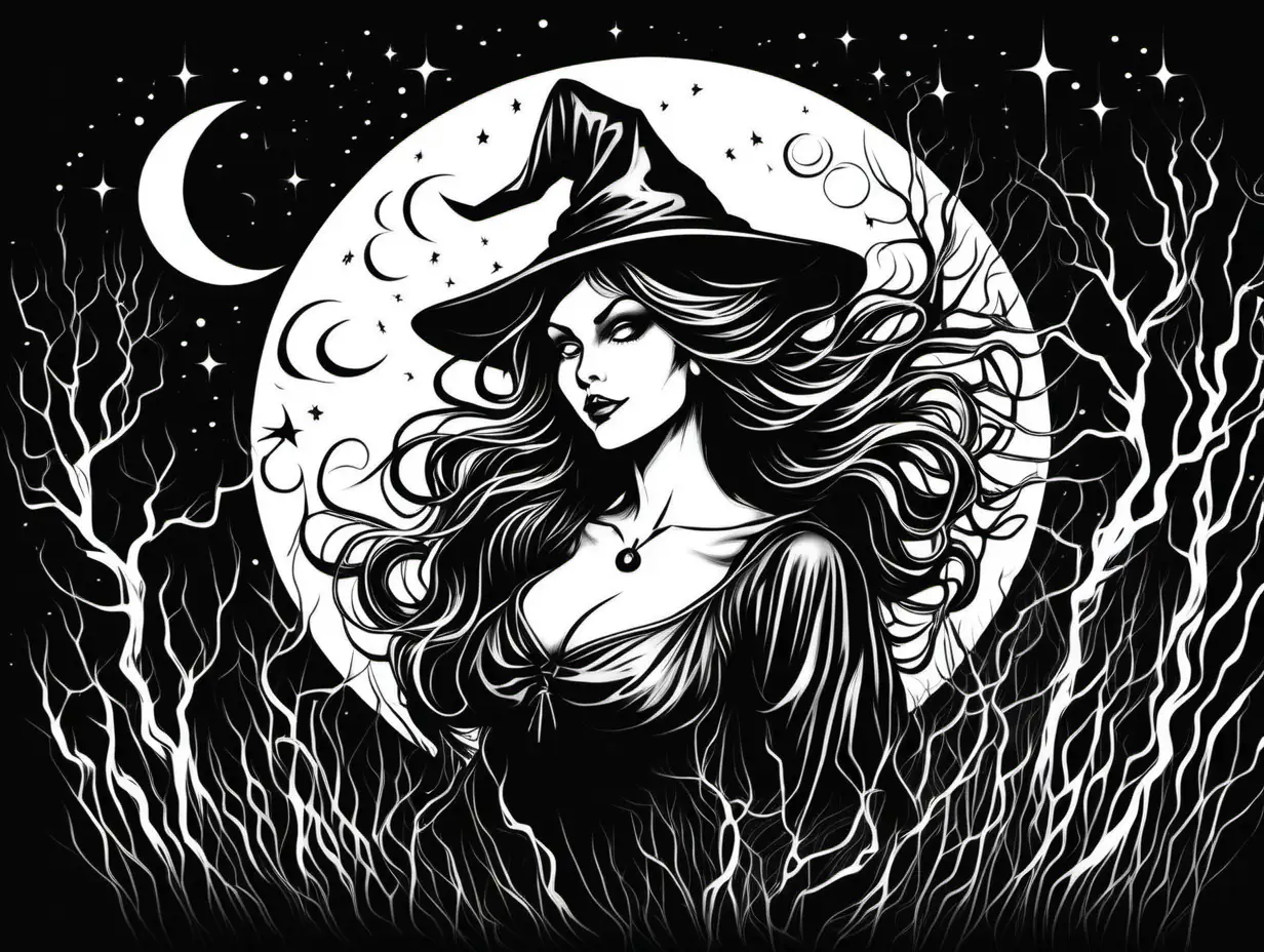 A beautiful witch, in front of the moon, black and white, white background, stencil 