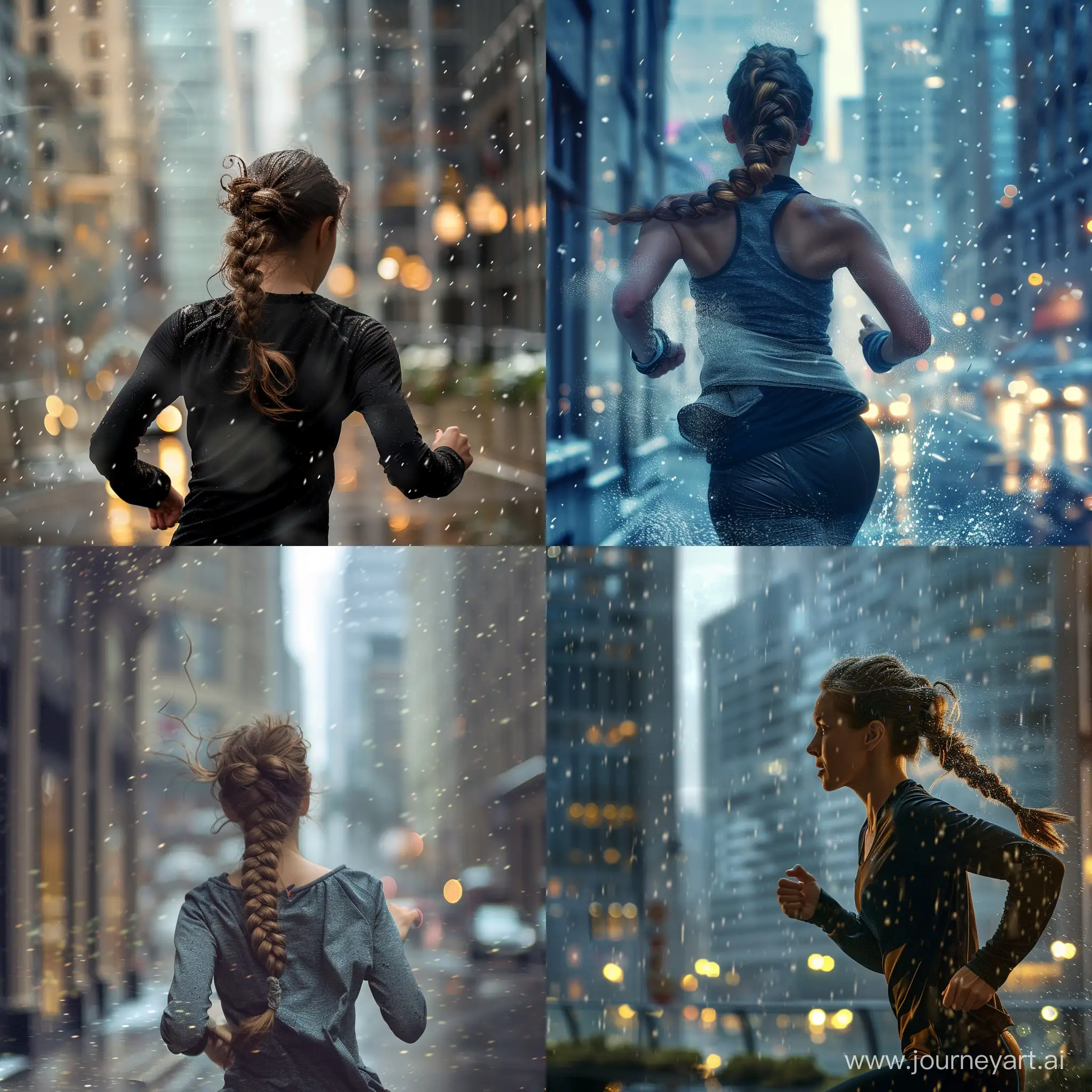 一个留着french braid的女子在雨中的城市里奔跑，没有伞，长焦距，唯美，全身像