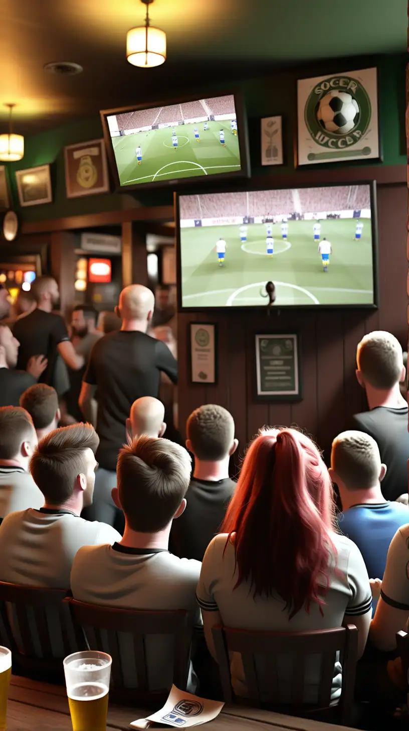 supporters watching a soccer game at the pub. Taken from the back