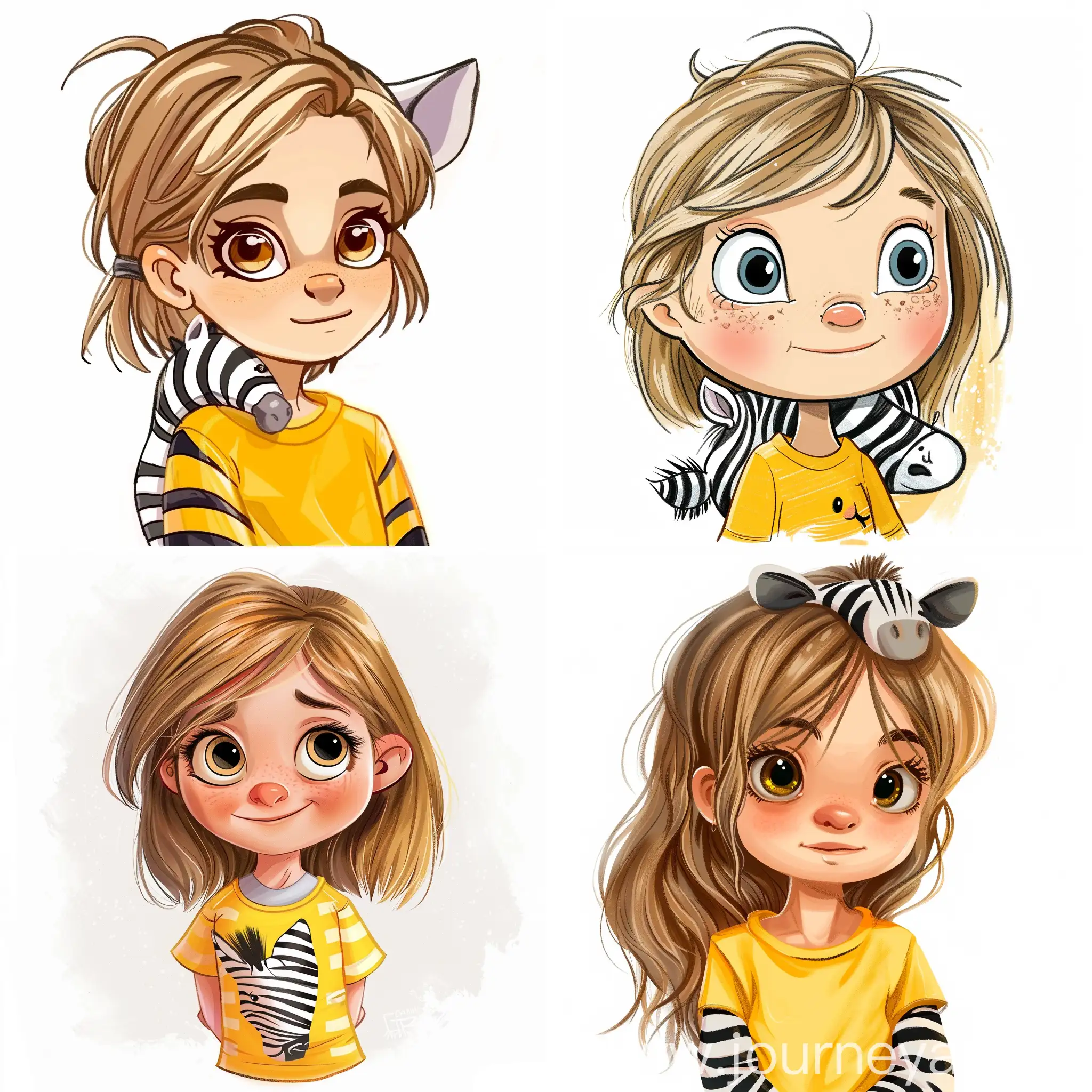 Cartoon of a young girl with sandy brown blonde hair wearing a bright yellow shirt with a zebra costume on