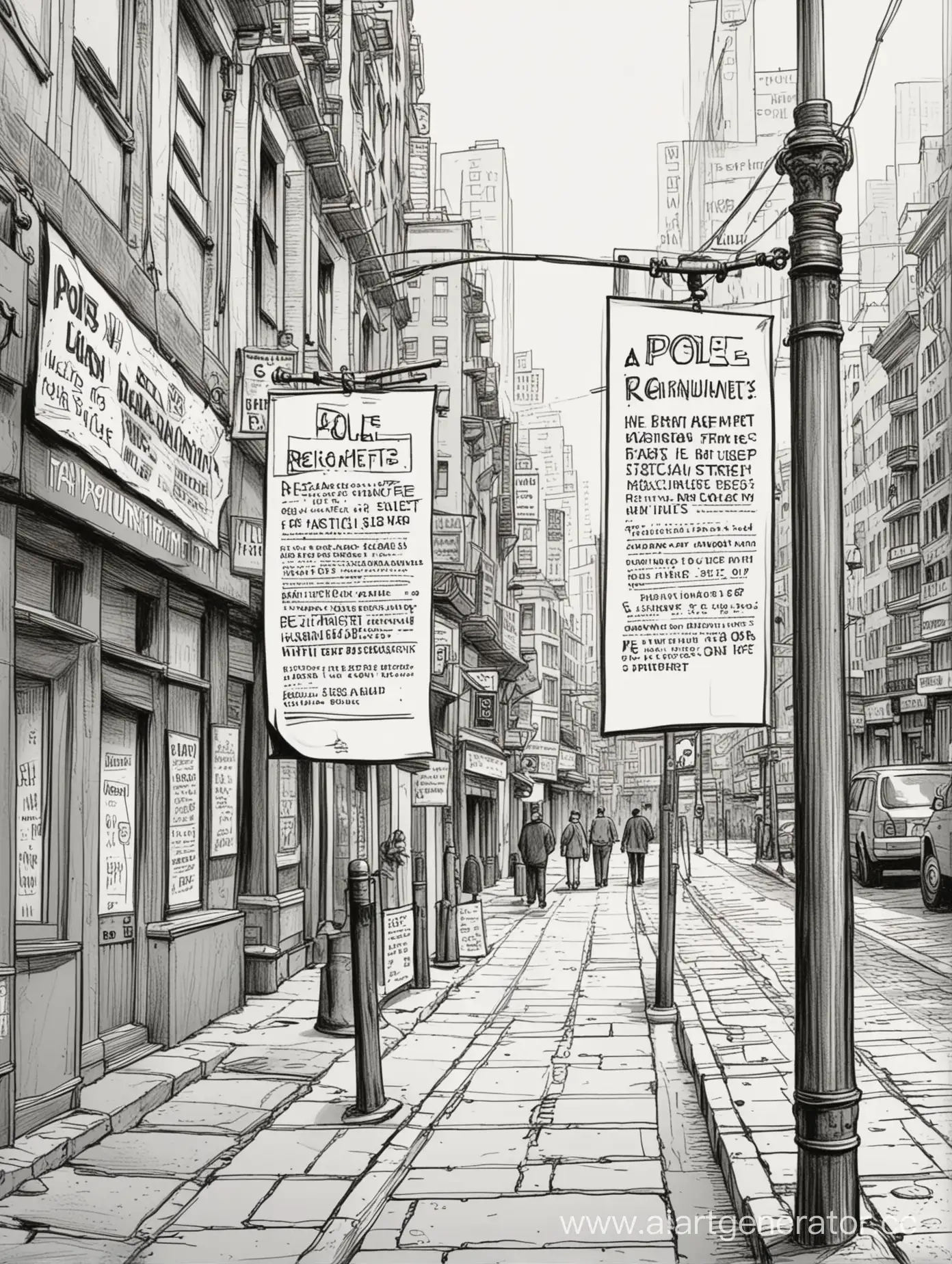 Нарисуй комикс, на котором будет городская улица, основной объект это столб на котором висит объявление о приеме на работу. 