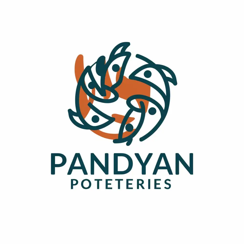a logo design,with the text "Pandiyan Potteries", main symbol:fish and workers,Moderate,clear background