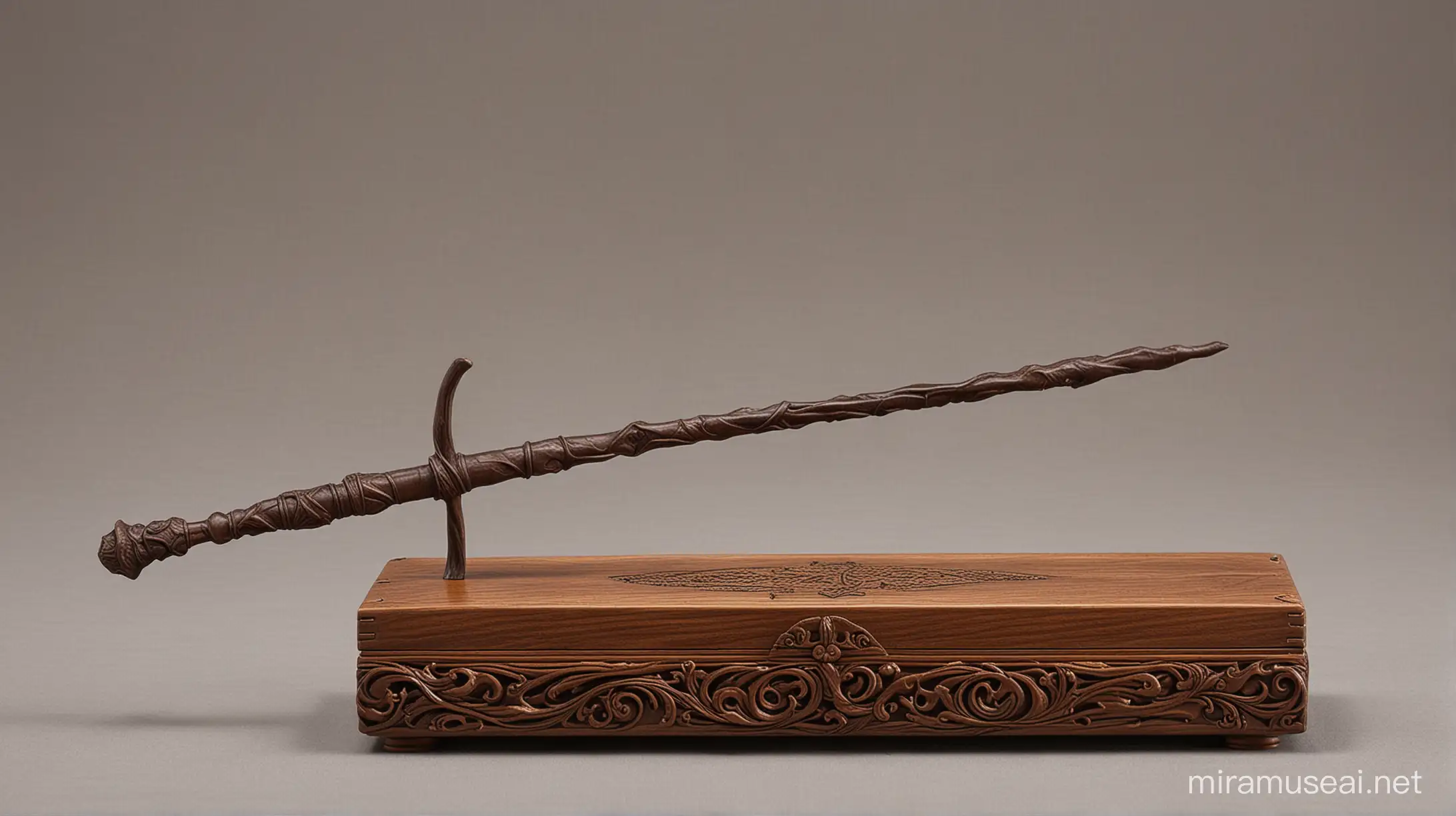A wand in the style of those used in the Harry Potter movies. the wand is a  completely original design. Made from black walnut wood.  It is approximately 14 inches long. Very stylish and a little scary looking. Fine craftsmanship.  Displayed next to its Lovely wooden box and sitting upon a table with a felt tablecloth. Photorealistic 