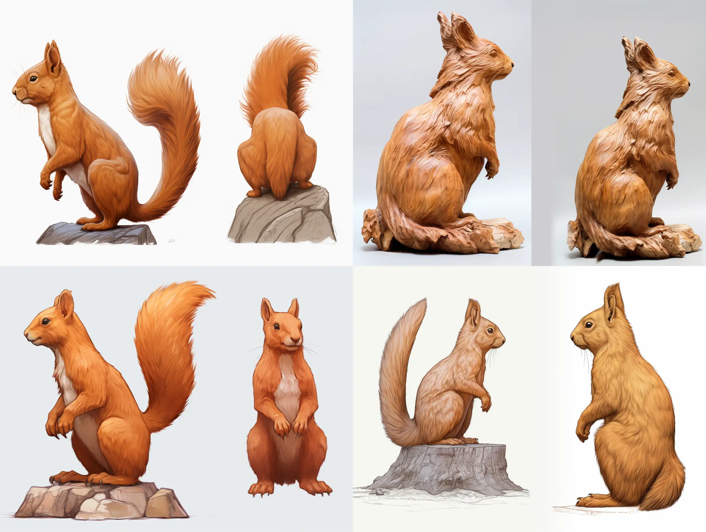 Professional sketch for wooden sculpture, a full-length squirrel on a large wooden log in profile, professional dynamic character, front back view and side view, wood carving, white background, 8k Render, ultra realistic
