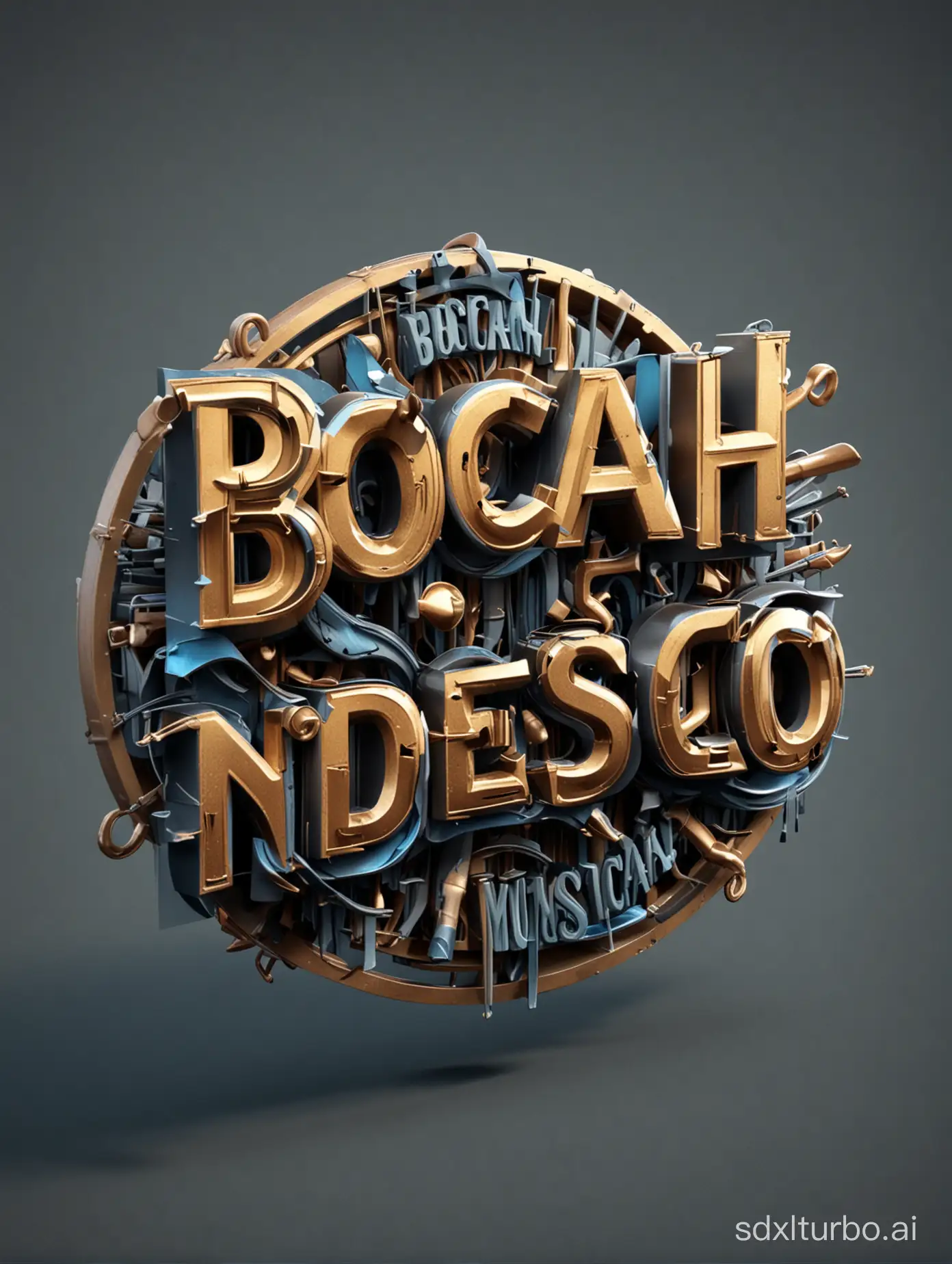 "BOCAH NDESO"  the musical band professional logo in 3d 