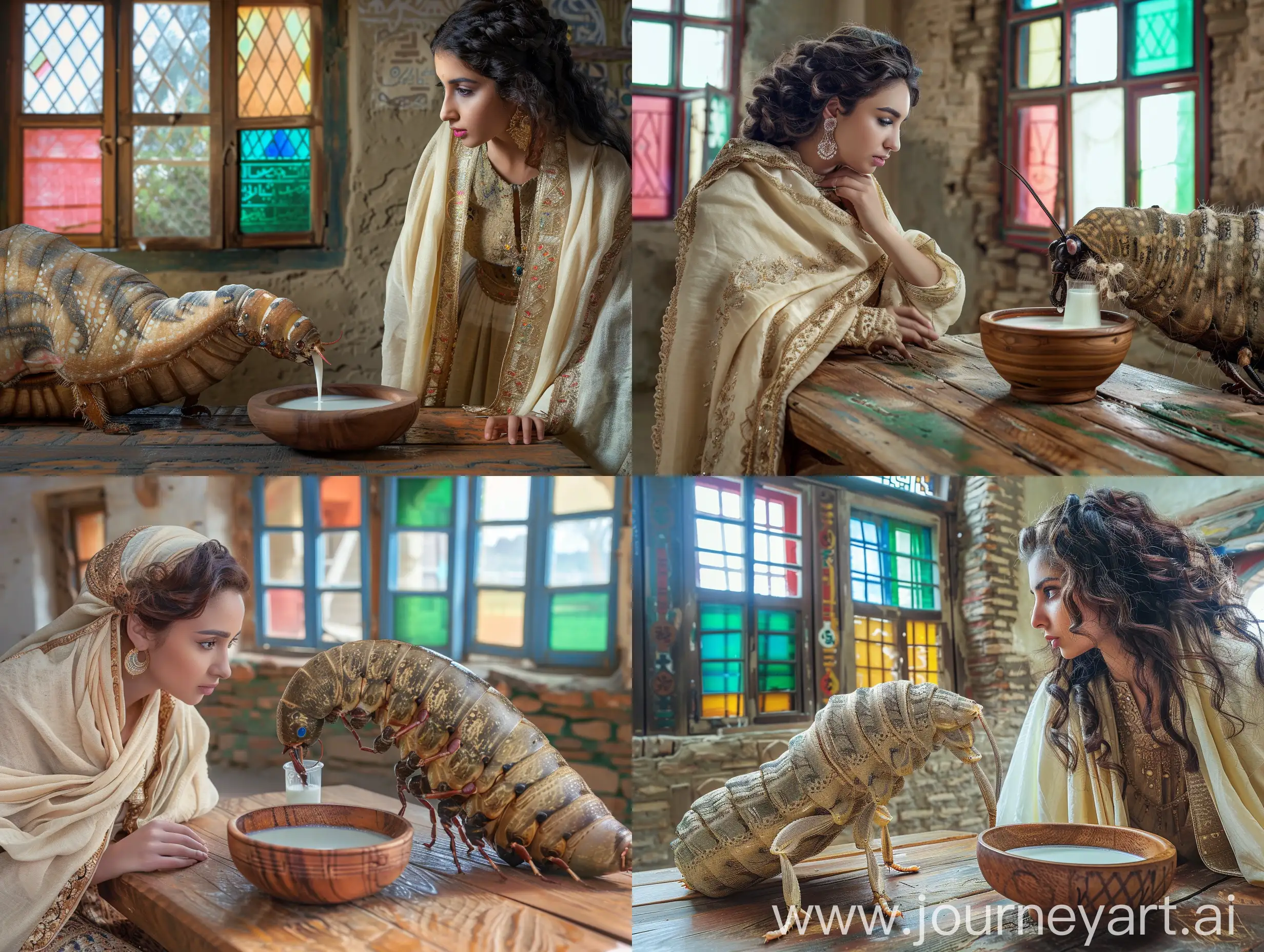 A young persian woman with a traditional dress with cream-colored shawl look at a big giant silkworm the size of a cat is drinking milk from a wooden bowl on the wooden table in an ancient traditional house with colored windows in arg of persian empire. make a realistic photo with high details. 