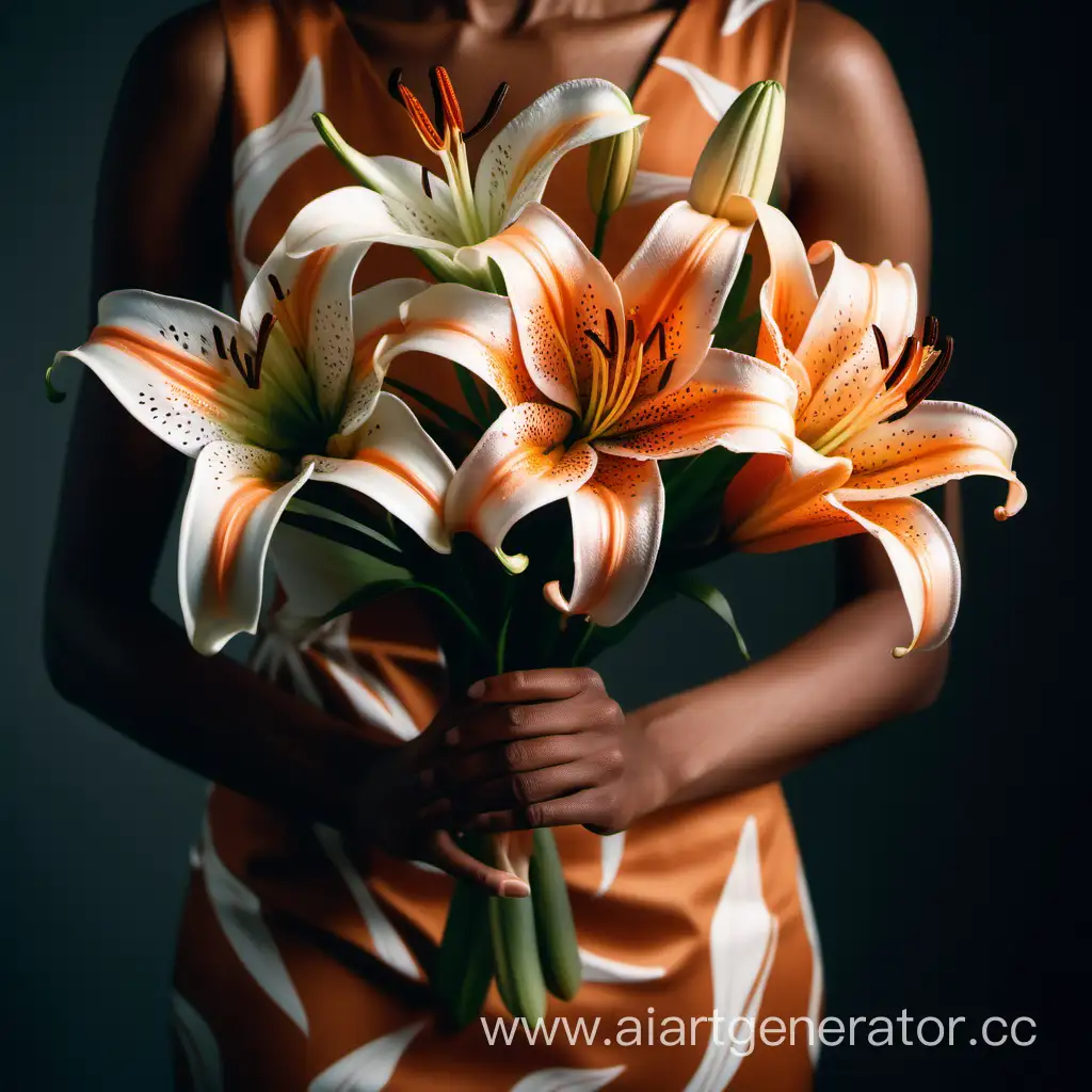 Analog style, cinematic lighting, soft light, wide shot of a African American female hand holding orange and white lilies, shot with Canon EOS R6 Mark II, photorealistic, detailed, intricate details, natural caramel  coloured skin texture, Orange dress