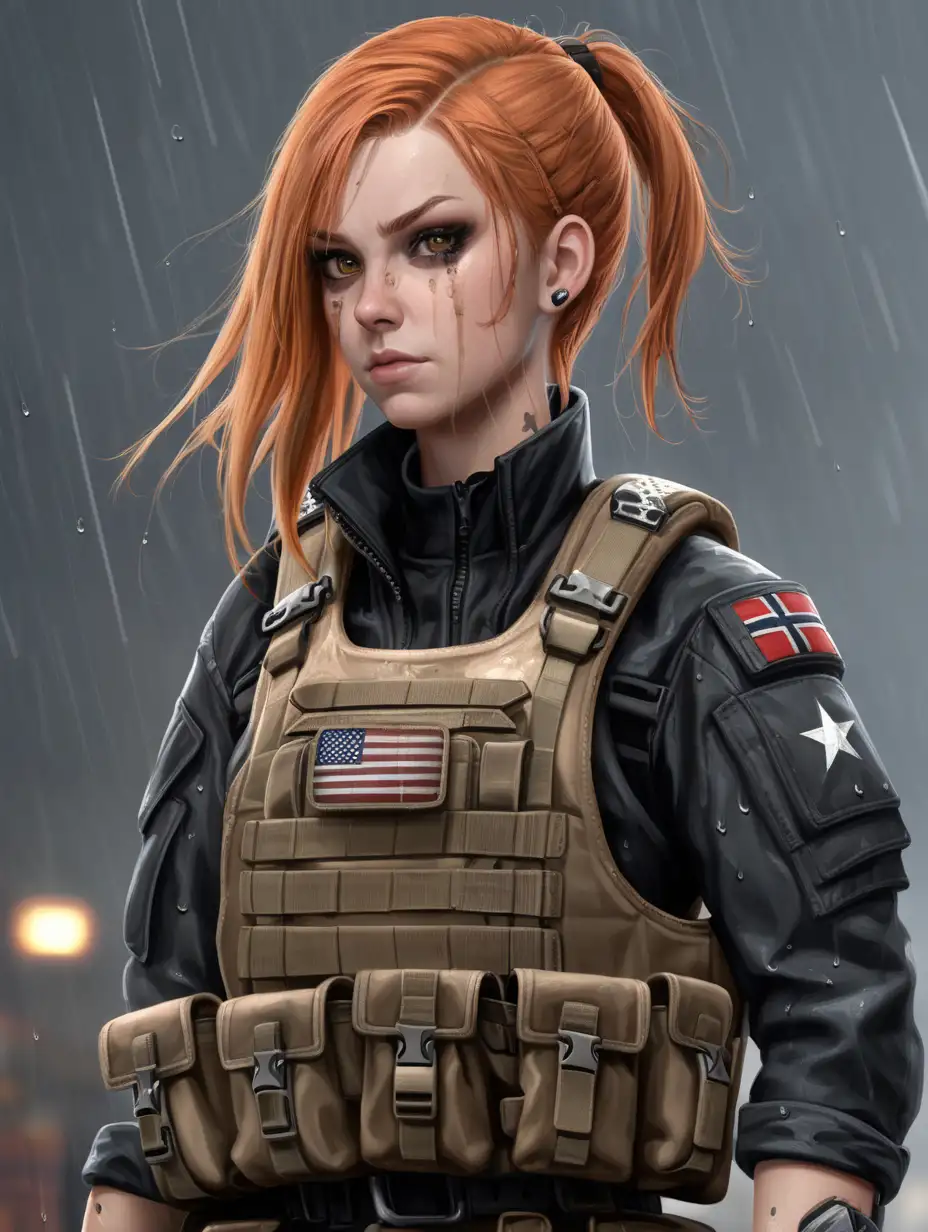 Young Norwegian commissar woman. She has light red hair. She has a very short tomboy hairstyle similar to Maya's hairstyle from Borderlands 2. Her matte black uniform jacket fits perfectly under her plate carrier rig. She has faded black eyeshadow. She has pale skin. She is wearing a plate carrier rig with a lot of pouches and shoulder straps. Background scene is a muddy warzone in a torrential rainstorm. Her uniform fatigues have a high collar wind gaiter top. Her hair is soaking wet and messy. Her plate carrier rig is coyote brown colored. Her matte black uniform is soaking wet.