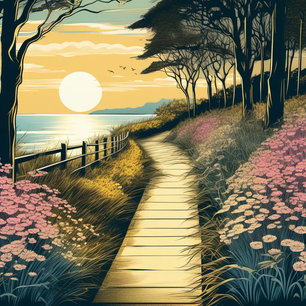 A cycle path to the beach, surrounded by trees, grass and beautiful wild flowers, the sun is rising and the sea is still and reflecting, vintage inspired illustration , color scheme dominated by blue, white, yellow and pink, nuanced , layered, atmospheric, reflective , romanticism theme