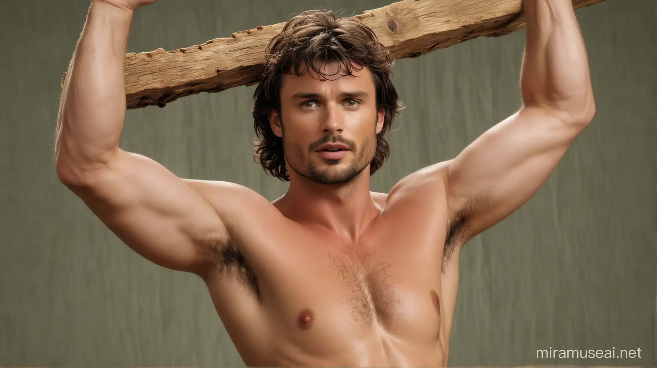 Woodwork. Actor Tom Welling, 35 years old. Welling, green eyes, shirtless, very hairy chest, raising both open arms above his head, lifting a wooden board above his head, showing very hairy armpits, serious look, bearded, very hairy body and chest.