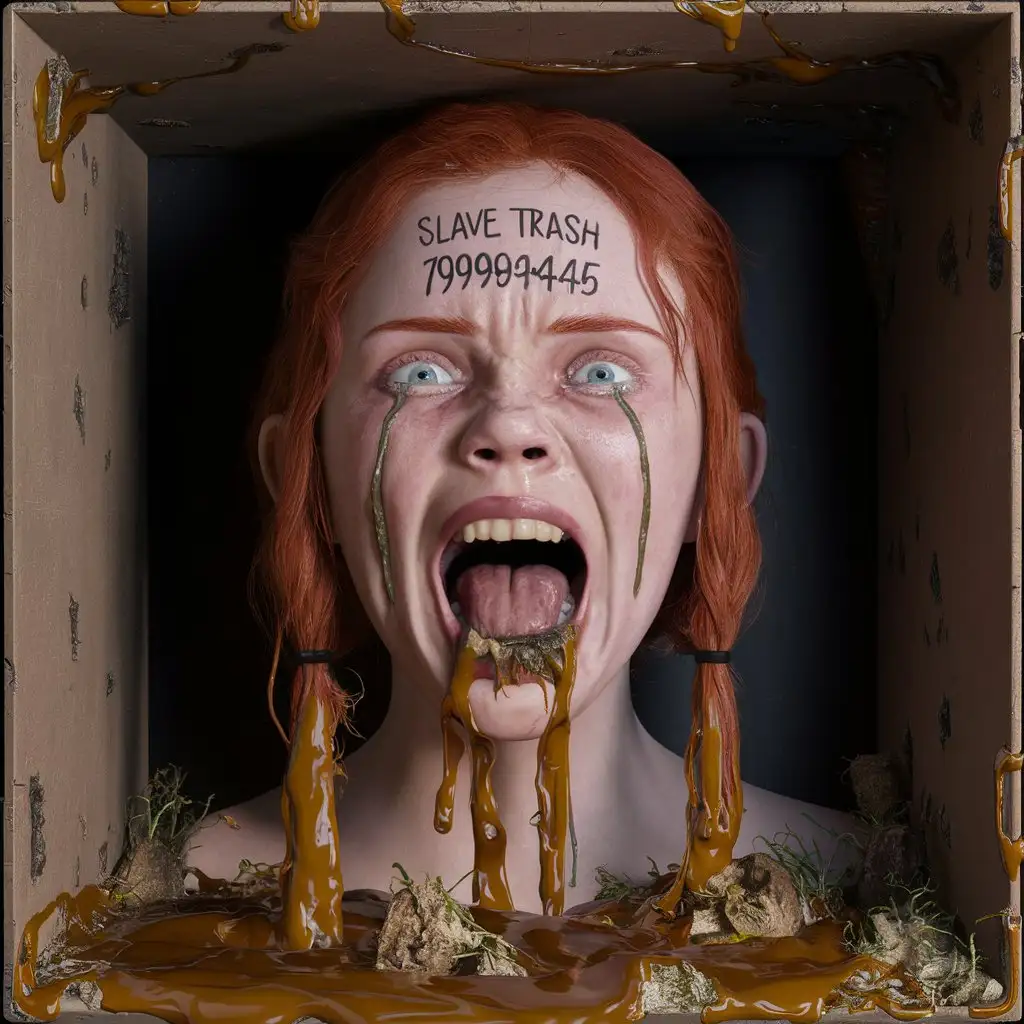 3d ultra realist resolution render, unreal engine render image portrait close up of redhead young twenty screaming crying head inside box, write "slave trash 7999843445" on head, mouth open bounded, liquid mud organic on mouth, liquid mud organic trash overflow in box face, .