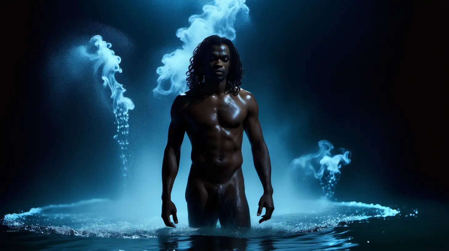 A cinematic scene shot with a Sony cineAlta (extreme long shot) of a nude mixed black man with long curly hair emerging from water in a black abyss. He walks closer to the camera. small vibrant neon blue lights float in the water. pitch black background . body is half lit by blue light and the environment is very foggy across his body (smoke machine). high detailed scene (realistic) with Christopher Nolan style