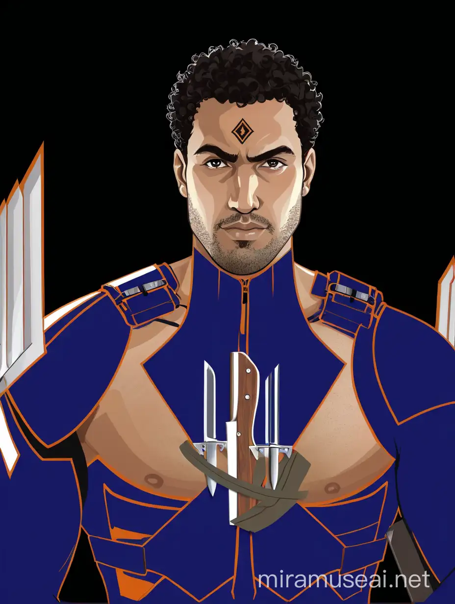 A Realistic Digital Portrait of a man with curly hair, wearing a tank top. He is holding two knives and has a symbol on his chest. The background is plain and white.