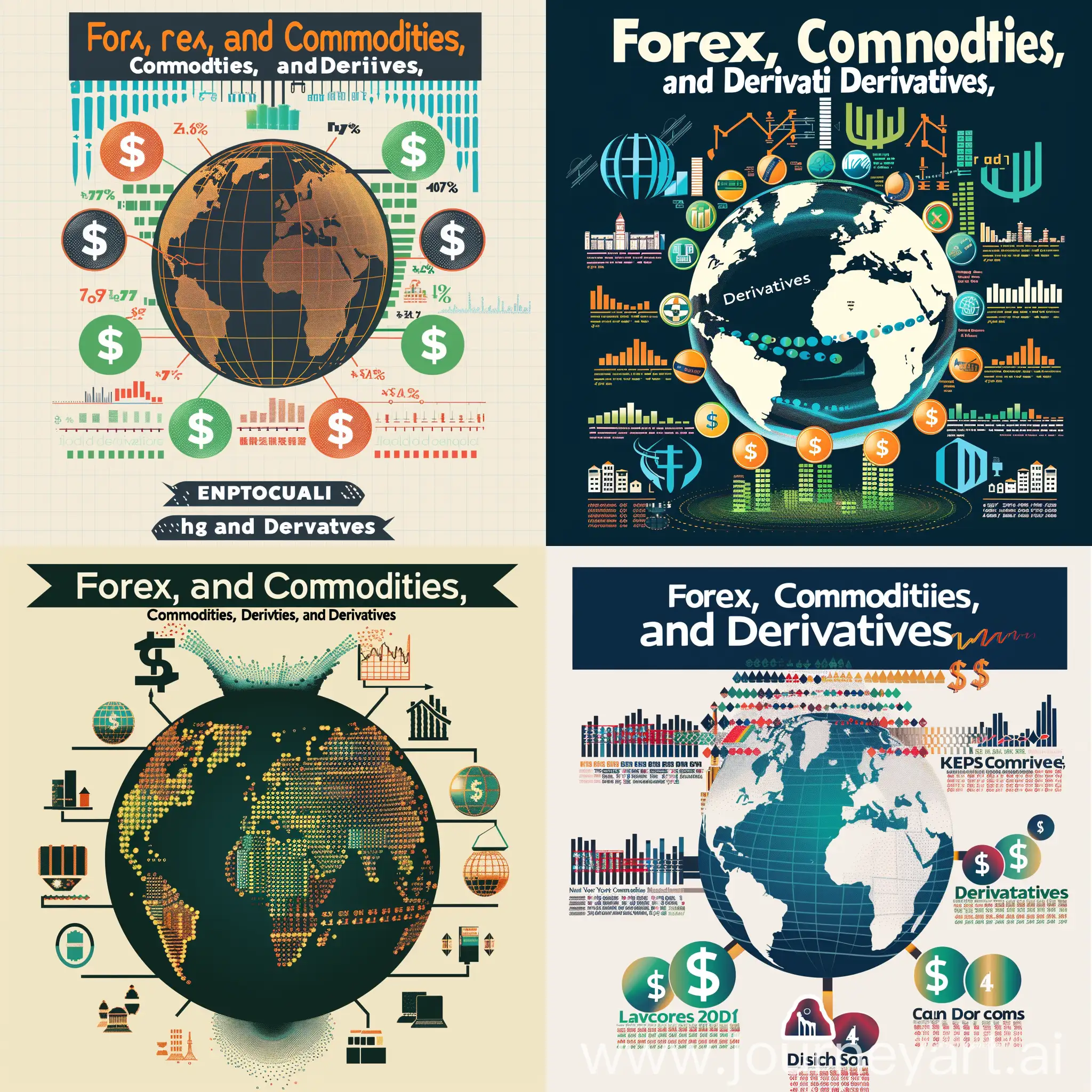 Create a poster on forex, commodities, and derivatives that is similar to the image you provided, but with a more dynamic feel.  Instead of a static sphere, use a globe with major financial centers (New York, London, Tokyo, etc.) prominently displayed.  Incorporate multiple currency symbols (€, $, £, ¥) appearing to rise and flow upwards around the globe, suggesting a bull market. Use a classic color scheme of blues, greens, and golds. Include the title “Forex, Commodities, and Derivatives” in a bold, easy-to-read font. Consider adding a subtle texture, like a faint grid, to the background for depth.