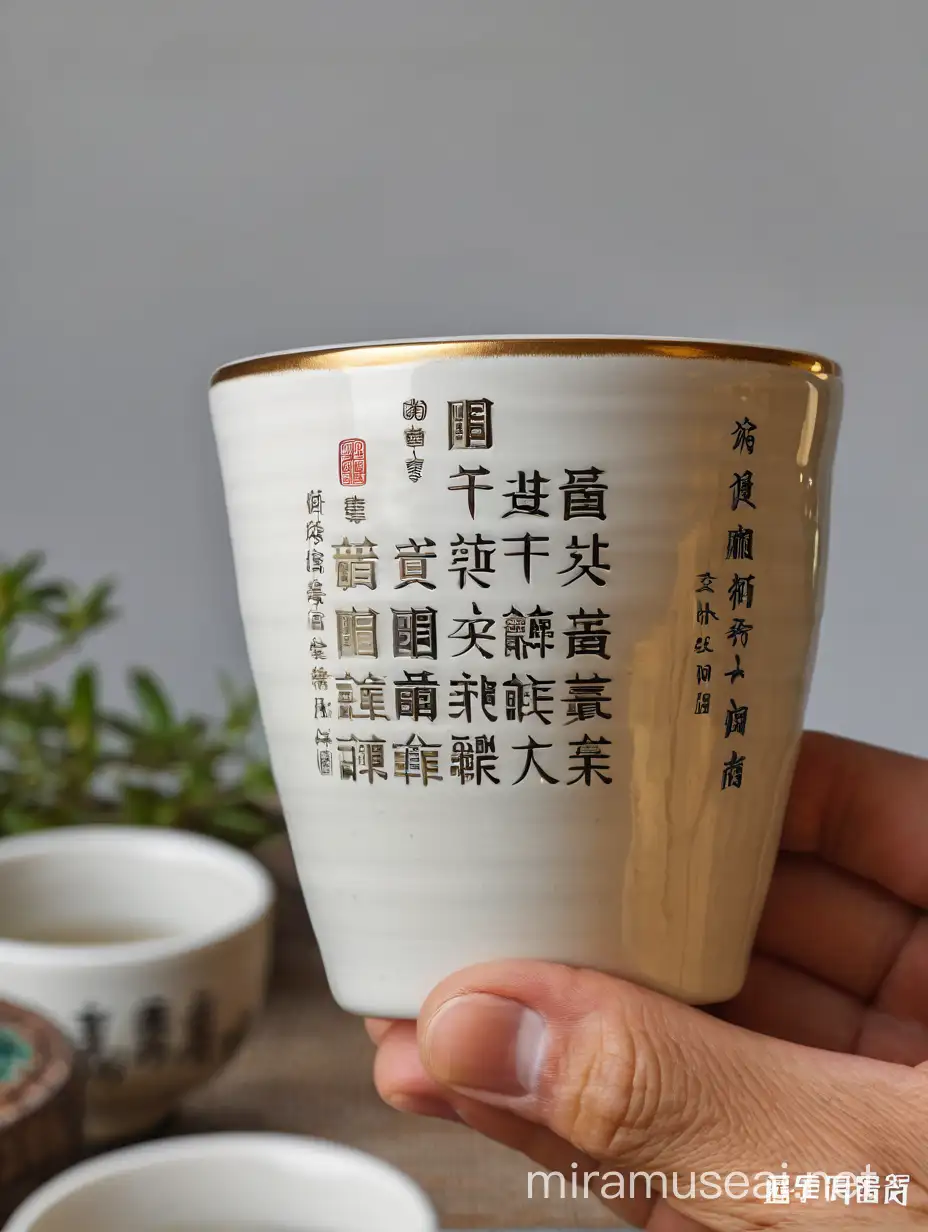 Ceramic cup, embossed text content: The original intention is to focus on the mountains, which means that the benevolent people will enjoy the mountains; the later intention is to focus on the flowing water, which means that the wise people will enjoy the water.
