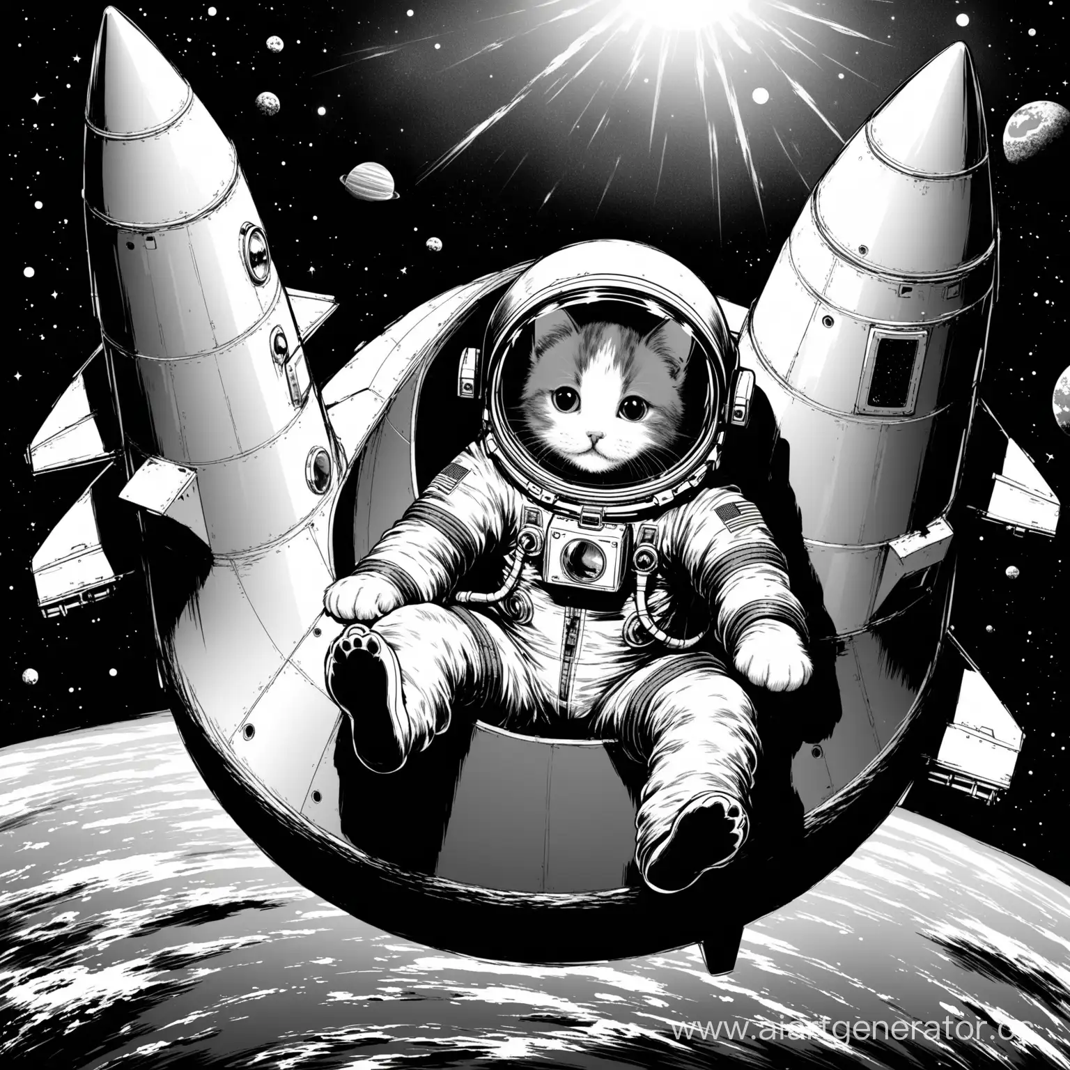 Monochrome-Space-Cat-Kitty-Astronaut-in-Rocket